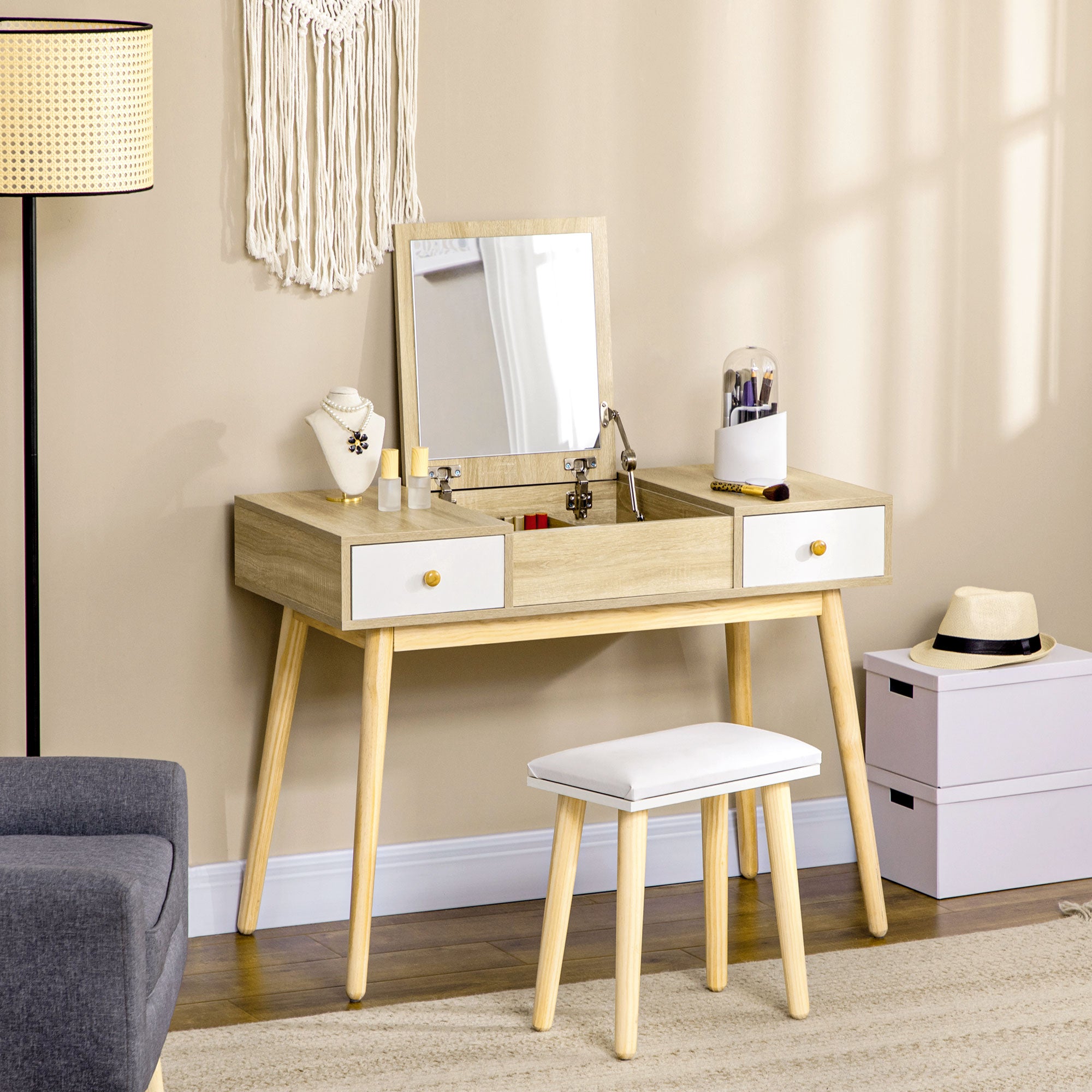 HOMCOM Dressing Table Set with Flip Top Mirror and Cushioned Stool, Makeup Vanity Dressing Table Writing Desk with 2 Drawers and Storage Grids for Bedroom (Natural)