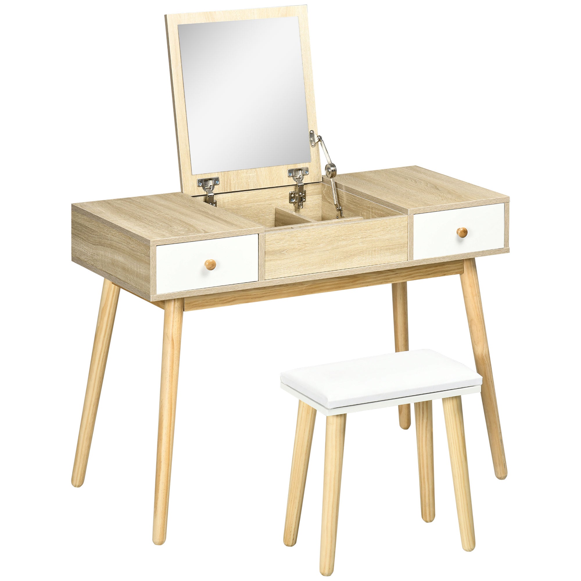 HOMCOM Dressing Table Set with Flip Top Mirror and Cushioned Stool, Makeup Vanity Dressing Table Writing Desk with 2 Drawers and Storage Grids for Bedroom (Natural)