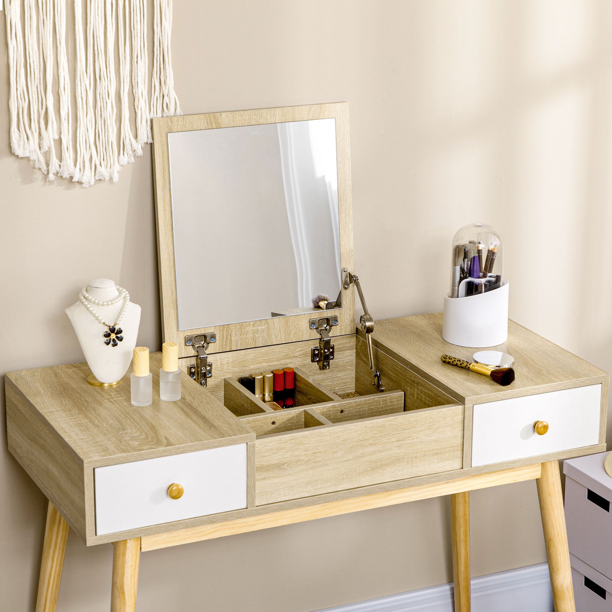 HOMCOM Dressing Table Set with Flip Top Mirror and Cushioned Stool, Makeup Vanity Dressing Table Writing Desk with 2 Drawers and Storage Grids for Bedroom (Natural)