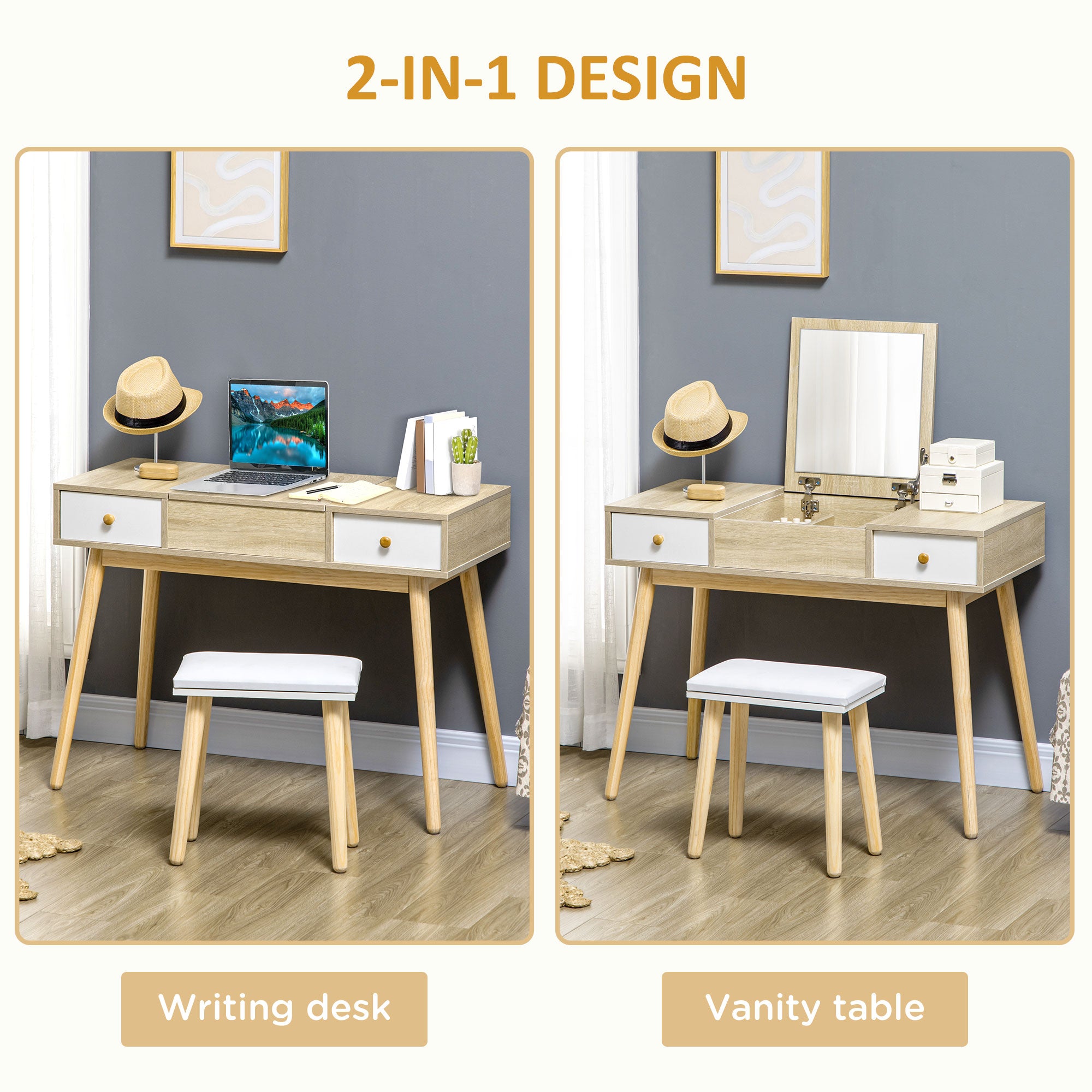 HOMCOM Dressing Table Set with Flip Top Mirror and Cushioned Stool, Makeup Vanity Dressing Table Writing Desk with 2 Drawers and Storage Grids for Bedroom (Natural)