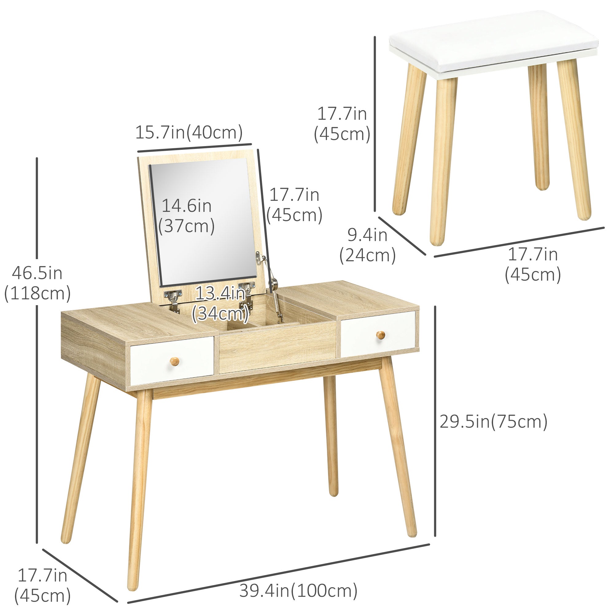 HOMCOM Dressing Table Set with Flip Top Mirror and Cushioned Stool, Makeup Vanity Dressing Table Writing Desk with 2 Drawers and Storage Grids for Bedroom (Natural)