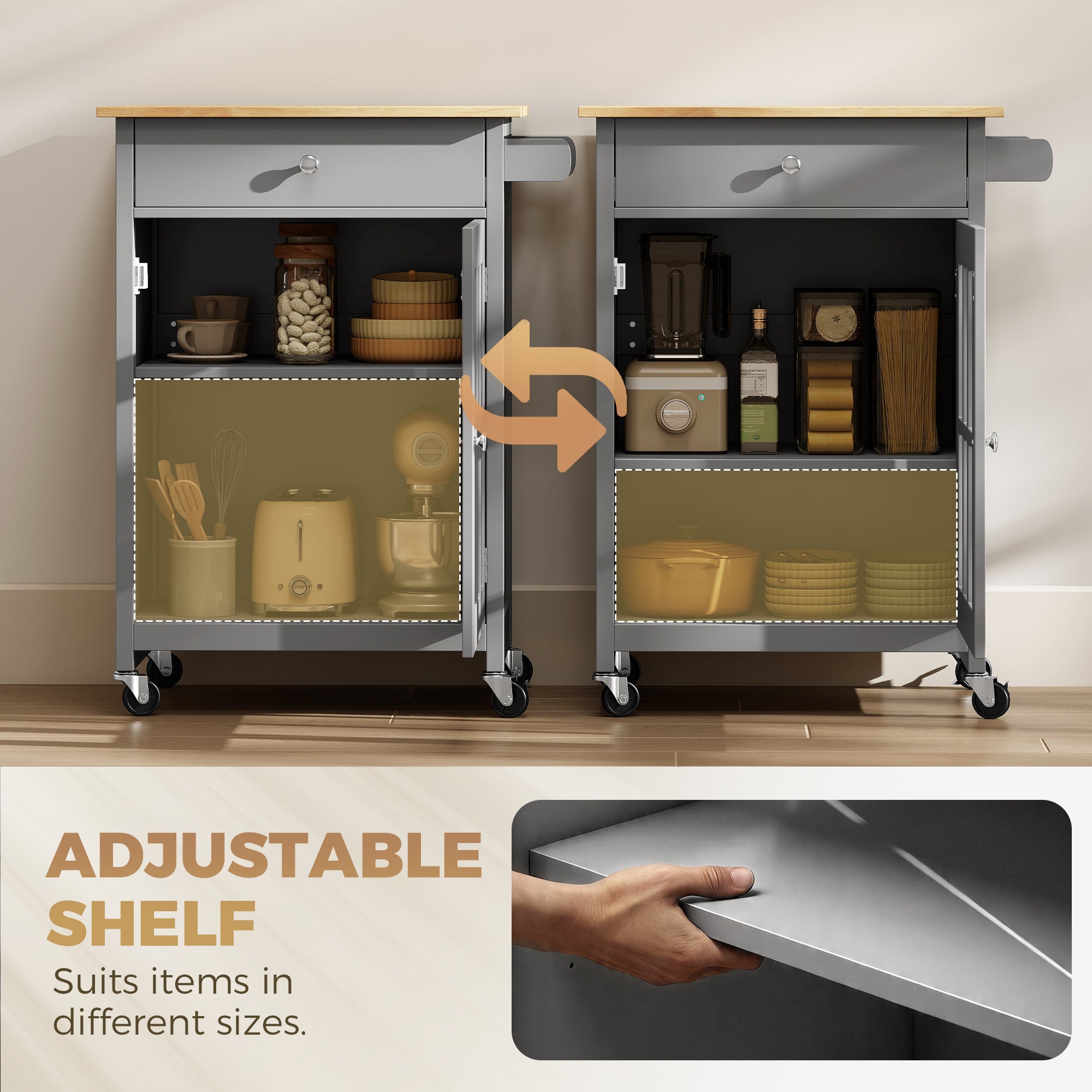 Rolling Kitchen Cart with Drawer and Glass Door Cabinet, Kitchen Island on Wheels with Adjustable Shelf and Towel Rack (Dark Grey)