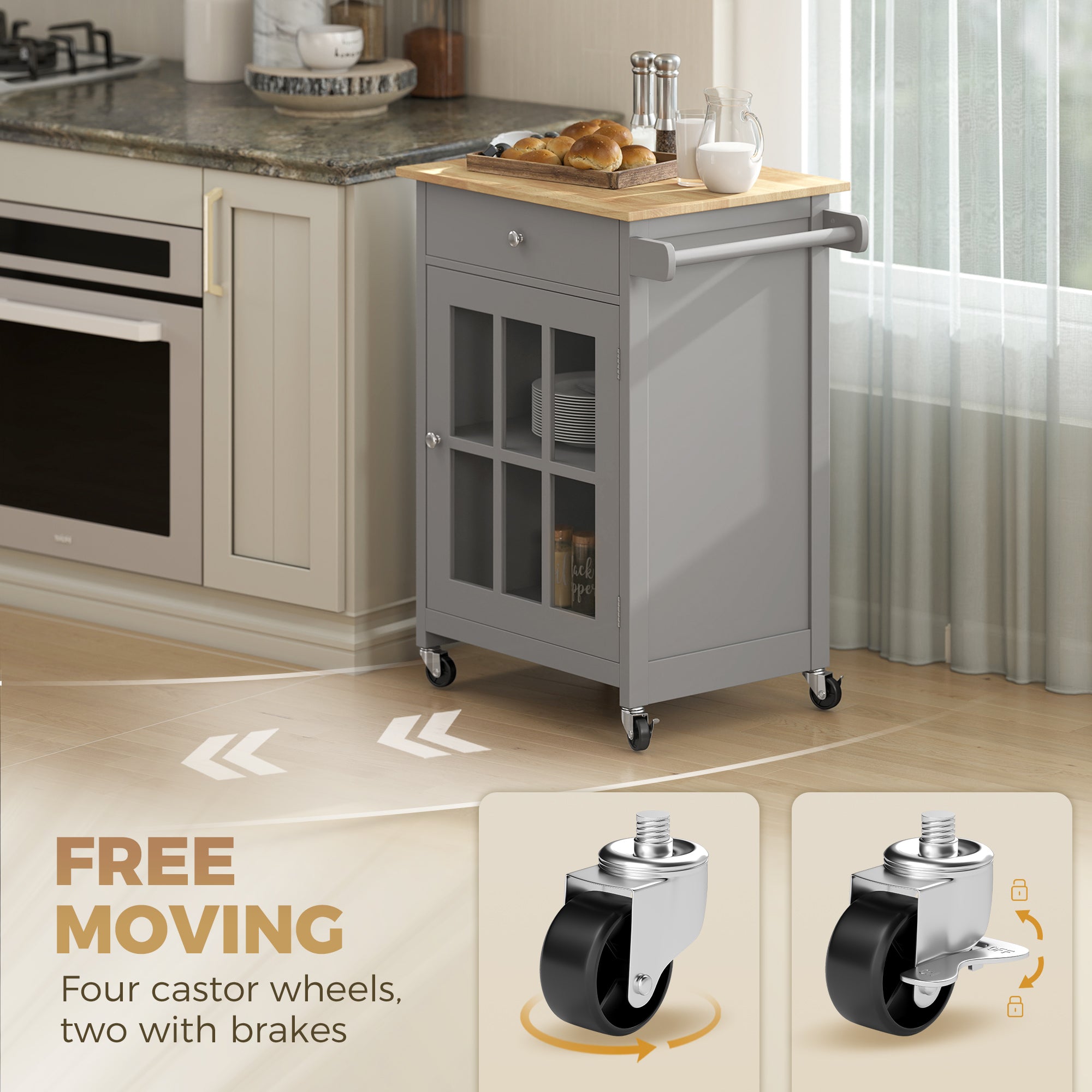 Rolling Kitchen Cart with Drawer and Glass Door Cabinet, Kitchen Island on Wheels with Adjustable Shelf and Towel Rack (Dark Grey)