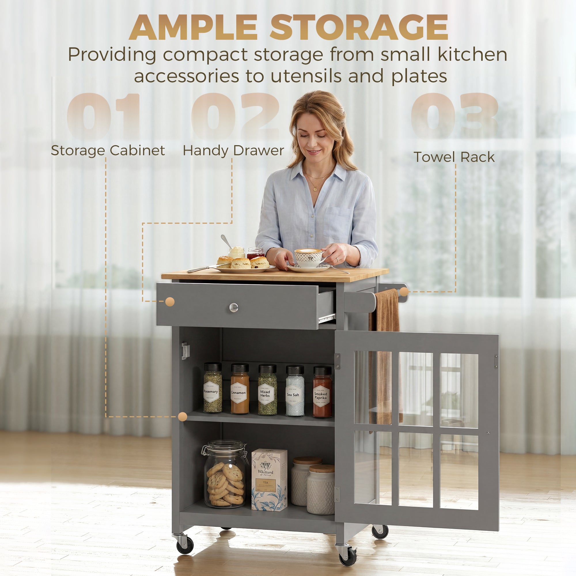 Rolling Kitchen Cart with Drawer and Glass Door Cabinet, Kitchen Island on Wheels with Adjustable Shelf and Towel Rack (Dark Grey)