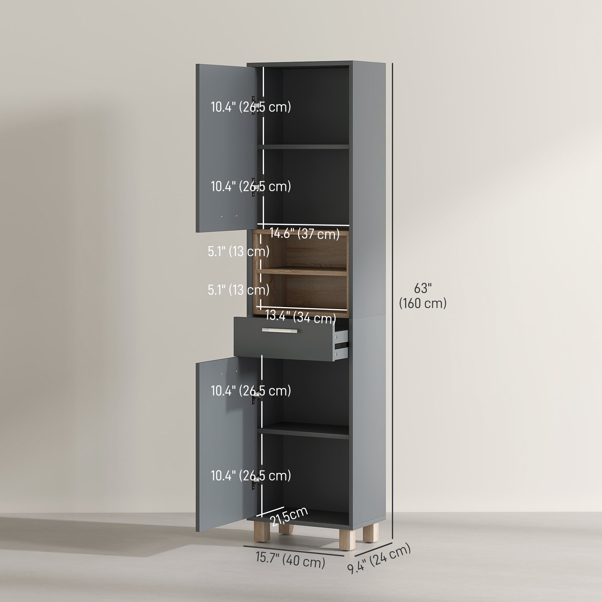 HOMCOM Bathroom Storage Cabinet, Tall Bathroom Cabinet with Open Compartments, Double Doors and Drawer