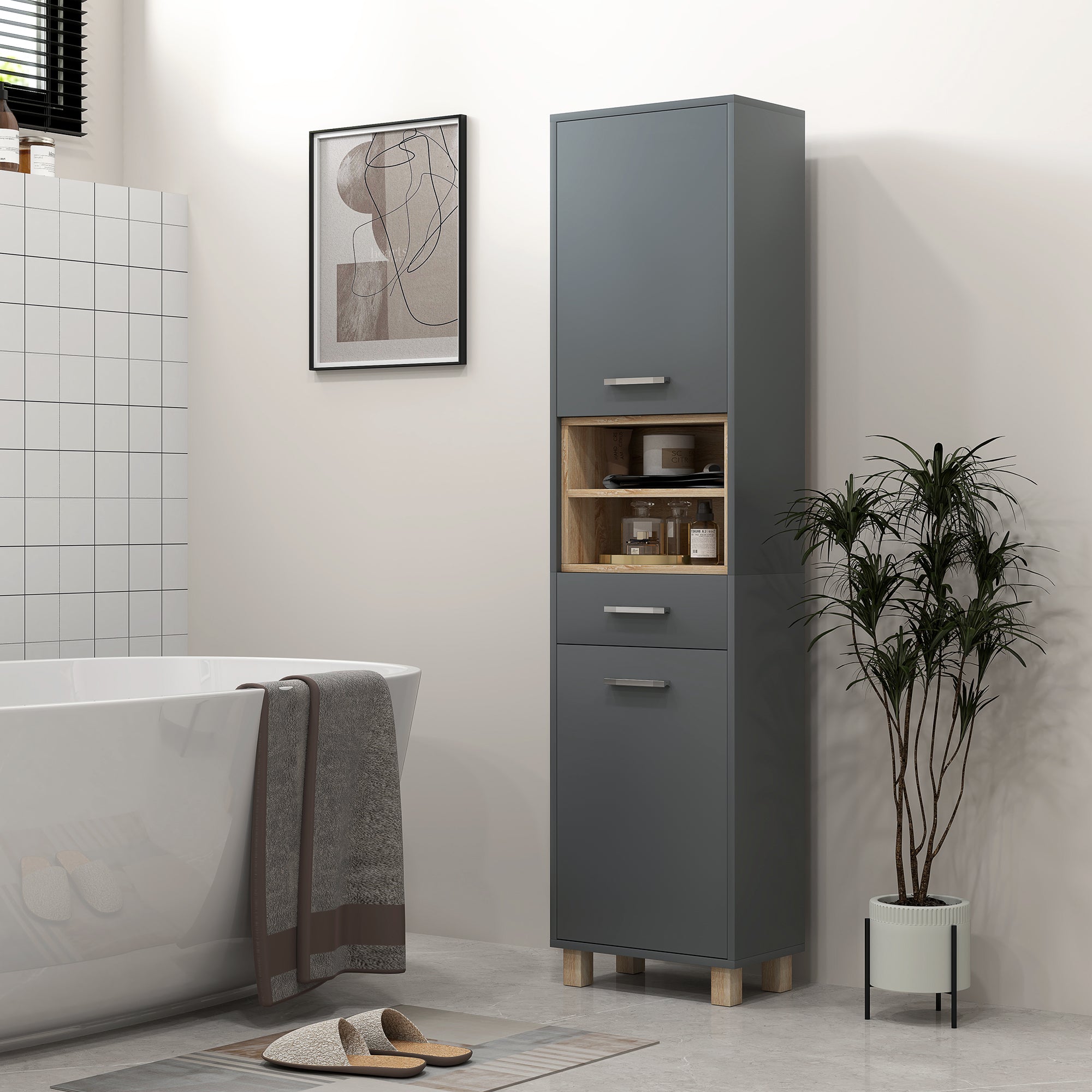 HOMCOM Bathroom Storage Cabinet, Tall Bathroom Cabinet with Open Compartments, Double Doors and Drawer