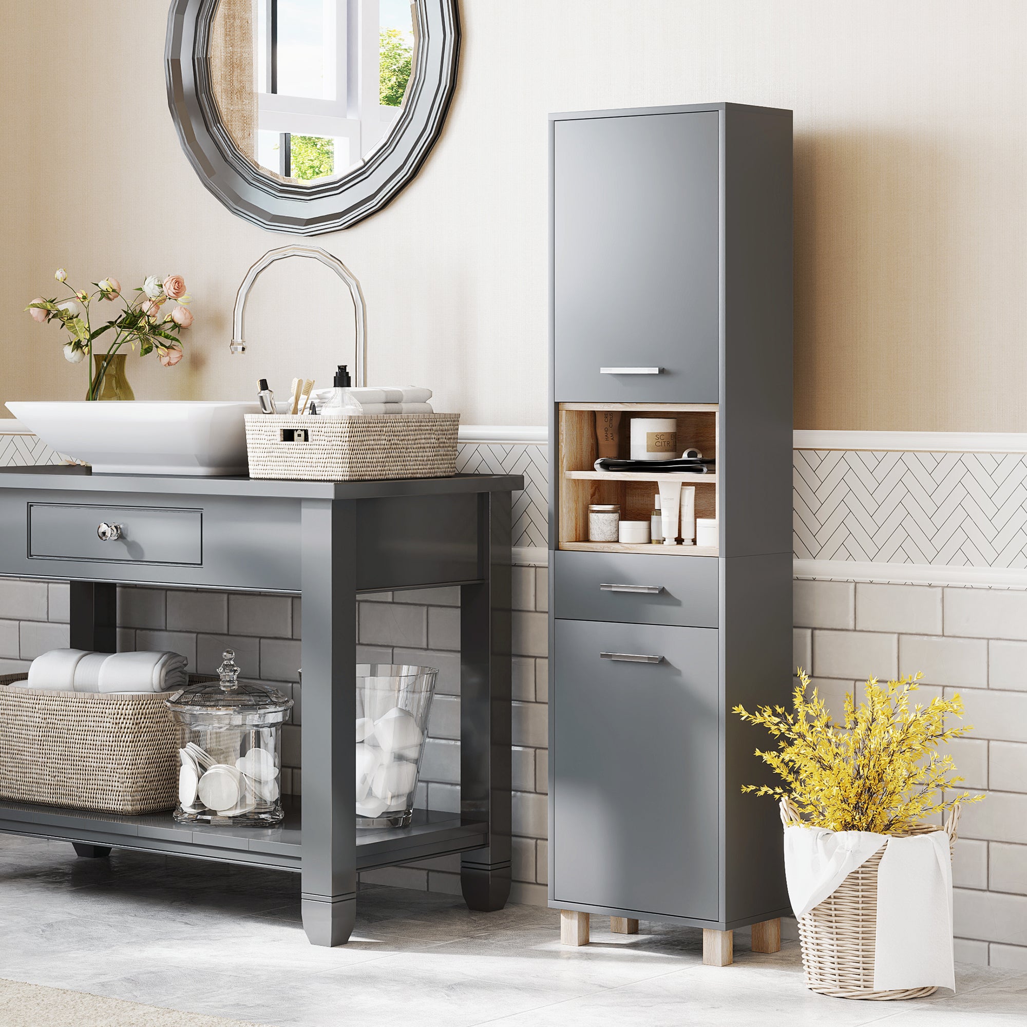 HOMCOM Bathroom Storage Cabinet, Tall Bathroom Cabinet with Open Compartments, Double Doors and Drawer