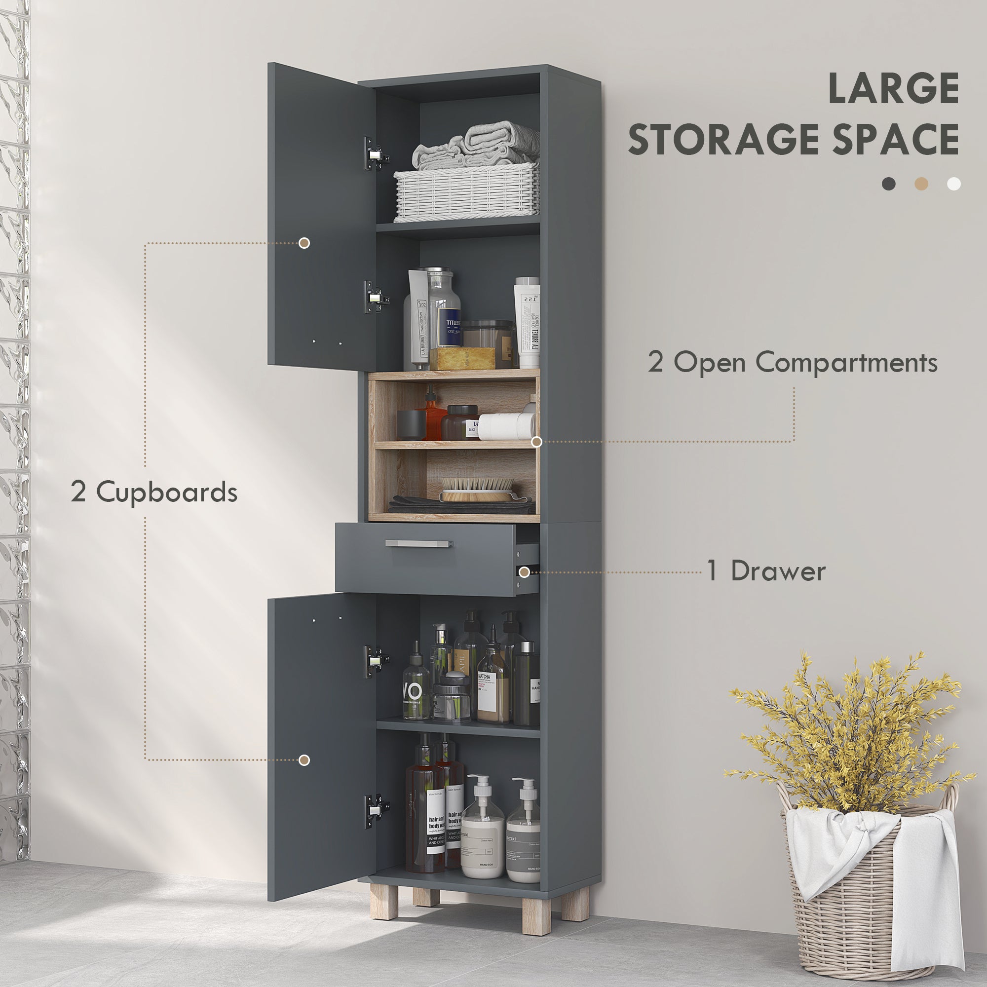 HOMCOM Bathroom Storage Cabinet, Tall Bathroom Cabinet with Open Compartments, Double Doors and Drawer