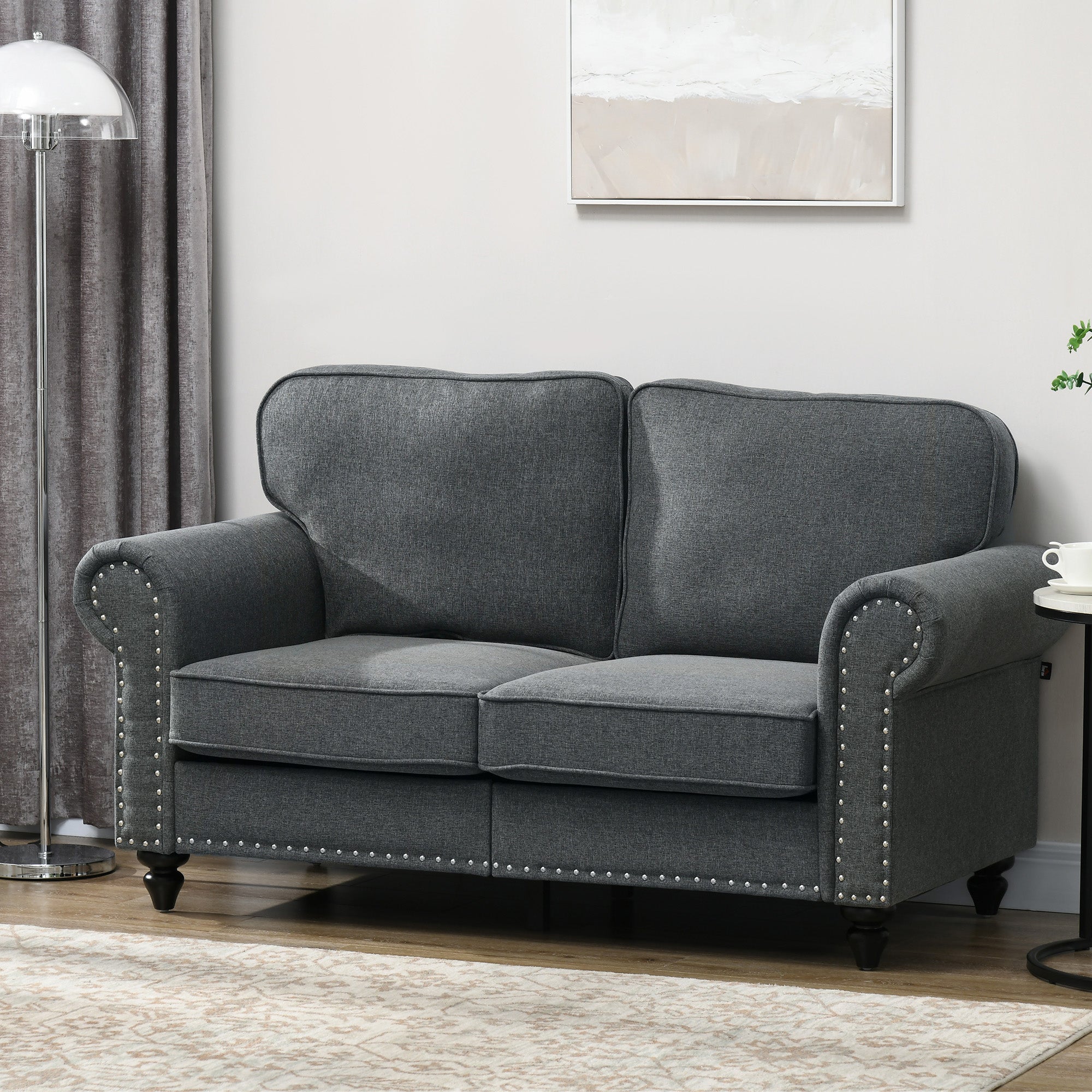 HOMCOM 2 Seater Sofa, Fabric Sofa Couch with Nailhead Trim Rolled Arm and Slatted Wood Frame, Upholstered Loveseat Sofa Settee for Living Room, Bedroom, Home Office, Charcoal Grey