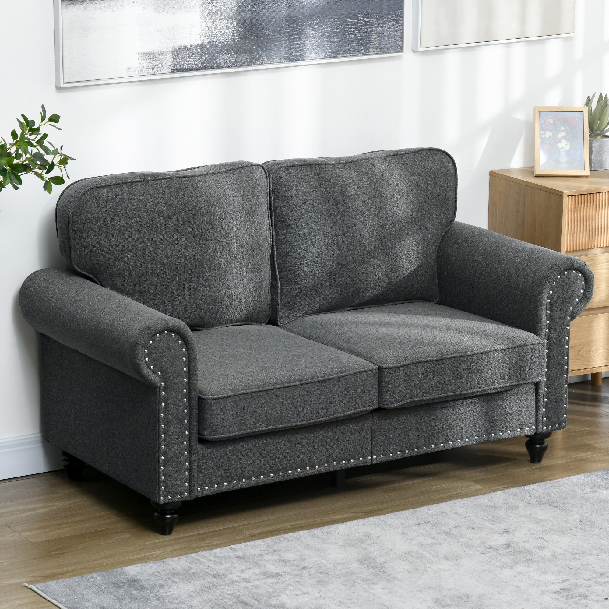 HOMCOM 2 Seater Sofa, Fabric Sofa Couch with Nailhead Trim Rolled Arm and Slatted Wood Frame, Upholstered Loveseat Sofa Settee for Living Room, Bedroom, Home Office, Charcoal Grey