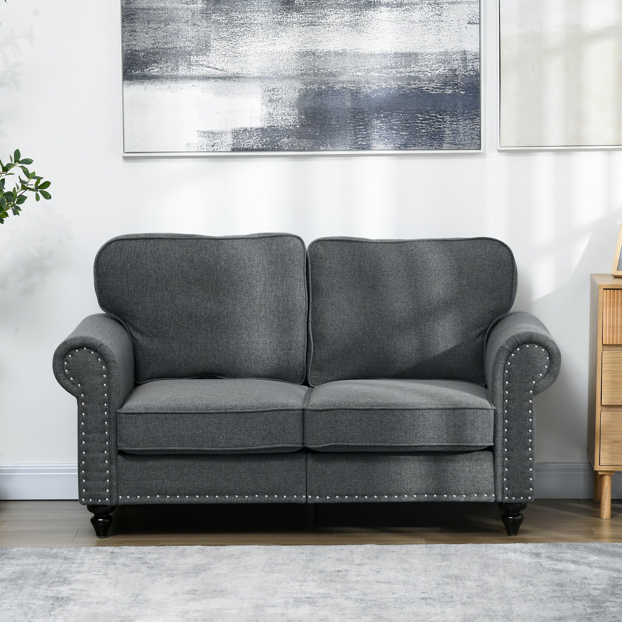 HOMCOM 2 Seater Sofa, Fabric Sofa Couch with Nailhead Trim Rolled Arm and Slatted Wood Frame, Upholstered Loveseat Sofa Settee for Living Room, Bedroom, Home Office, Charcoal Grey