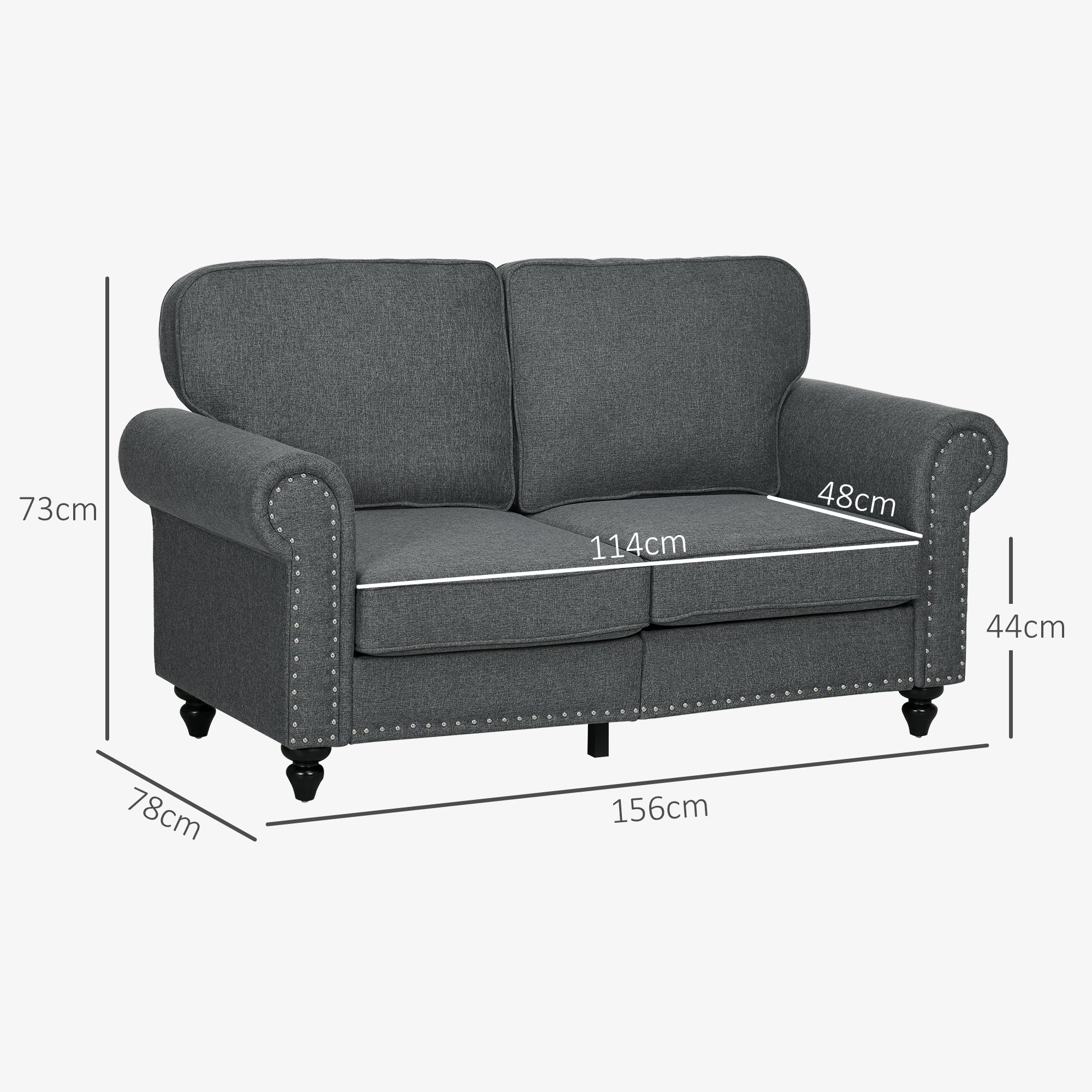 HOMCOM 2 Seater Sofa, Fabric Sofa Couch with Nailhead Trim Rolled Arm and Slatted Wood Frame, Upholstered Loveseat Sofa Settee for Living Room, Bedroom, Home Office, Charcoal Grey