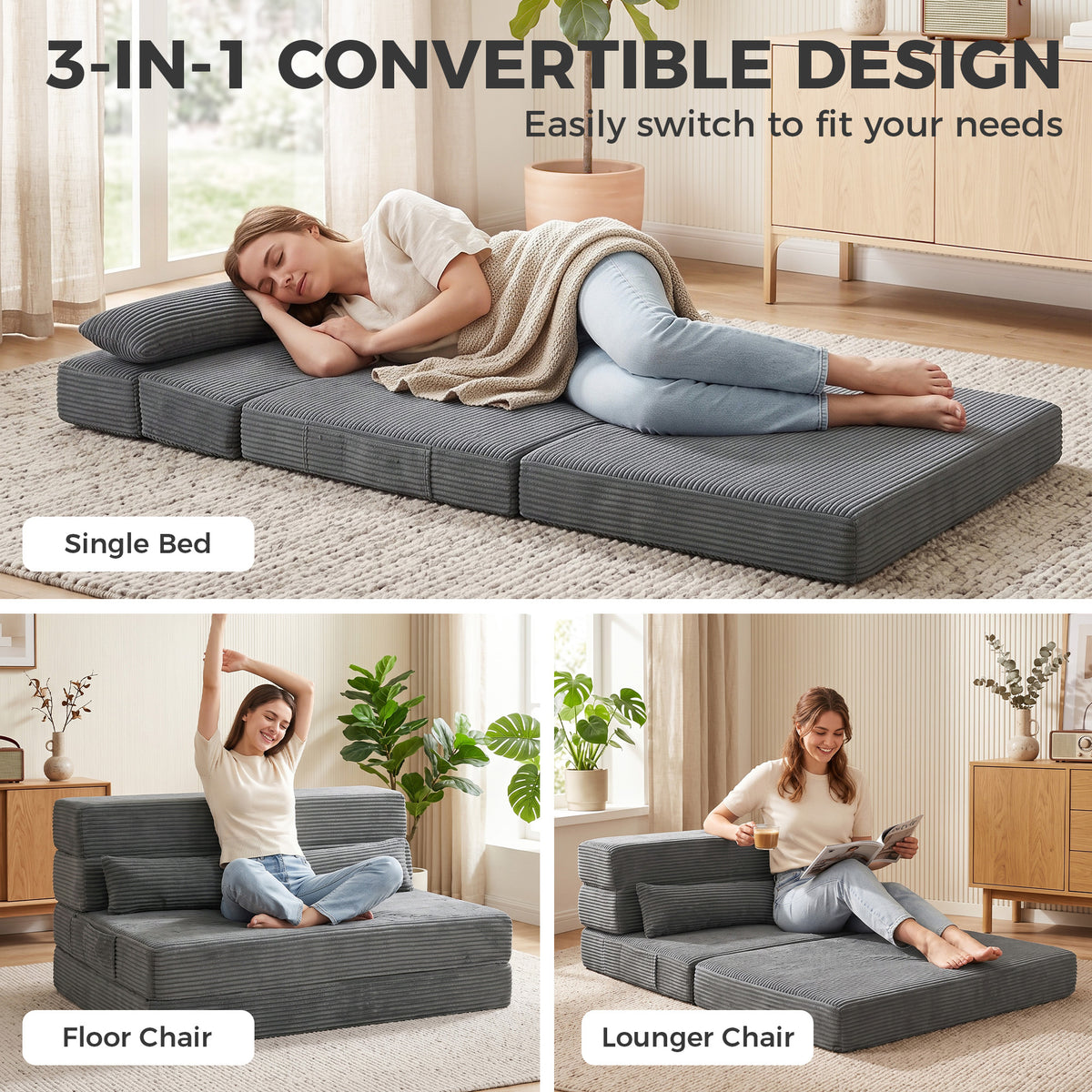 Floor Chair with Back Support, Corduroy Folding Sleeper Sofa, Boneless Cloud Floor Gaming Chair with Thick Cushion, Lumbar Pillow, Side Pockets for Living Room, Dark Grey