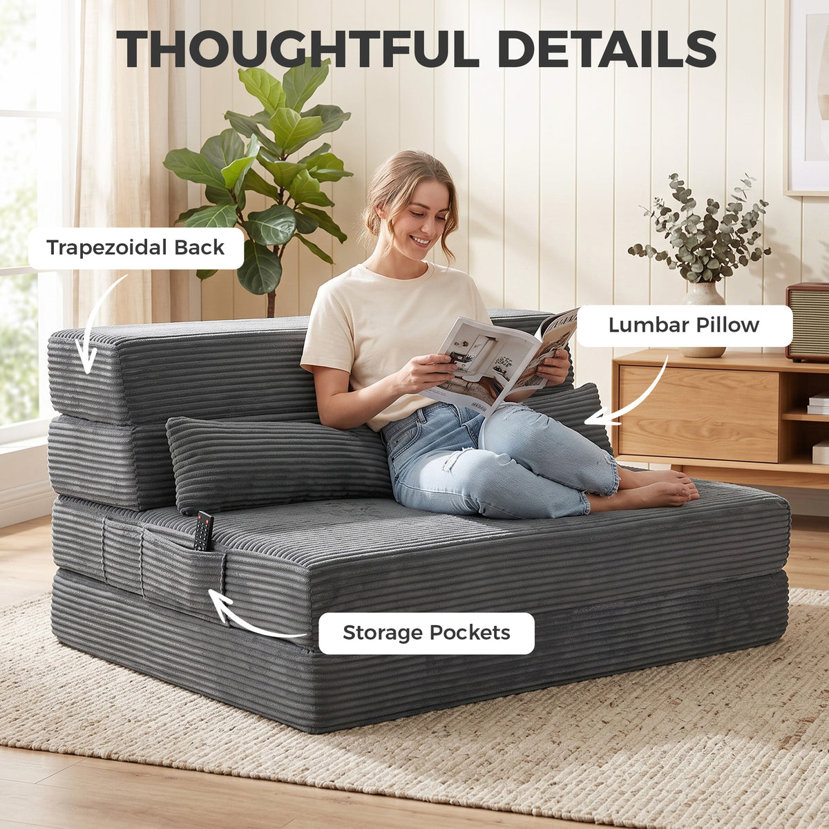 Floor Chair with Back Support, Corduroy Folding Sleeper Sofa, Boneless Cloud Floor Gaming Chair with Thick Cushion, Lumbar Pillow, Side Pockets for Living Room, Dark Grey