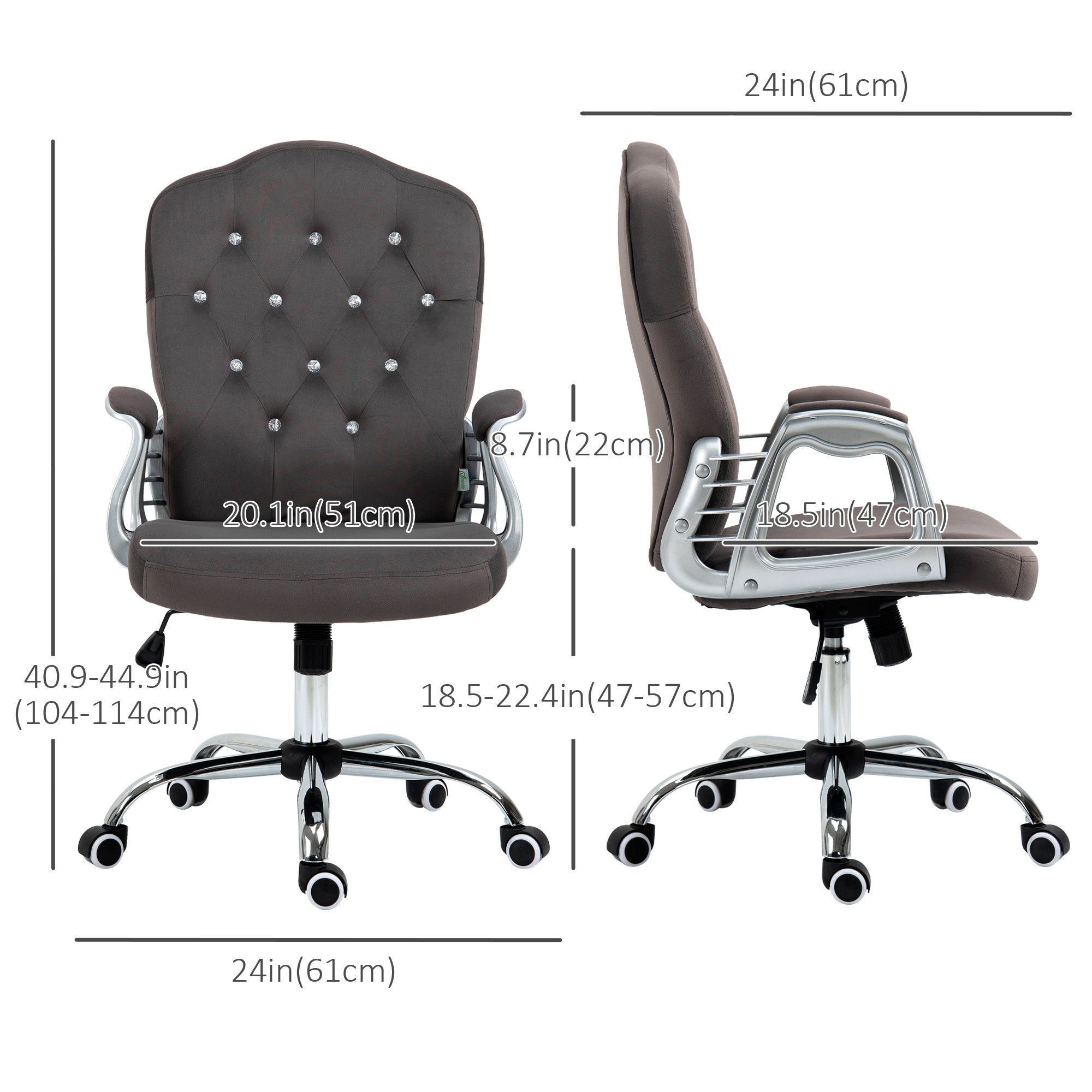 Vinsetto Office Chair, Velvet Computer Chair, Button Tufted Desk Chair with Swivel Wheels, Adjustable Height, Tilt Function, Dark Grey