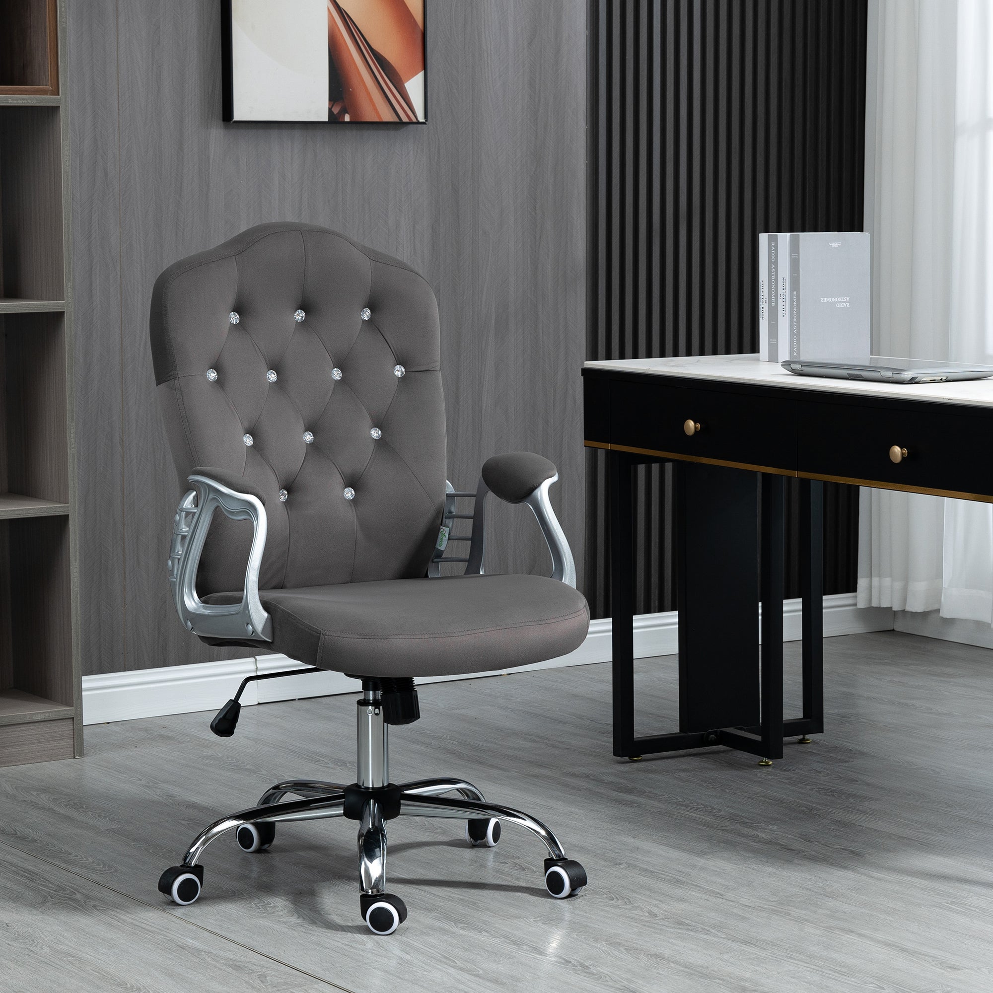 Vinsetto Office Chair, Velvet Computer Chair, Button Tufted Desk Chair with Swivel Wheels, Adjustable Height, Tilt Function, Dark Grey