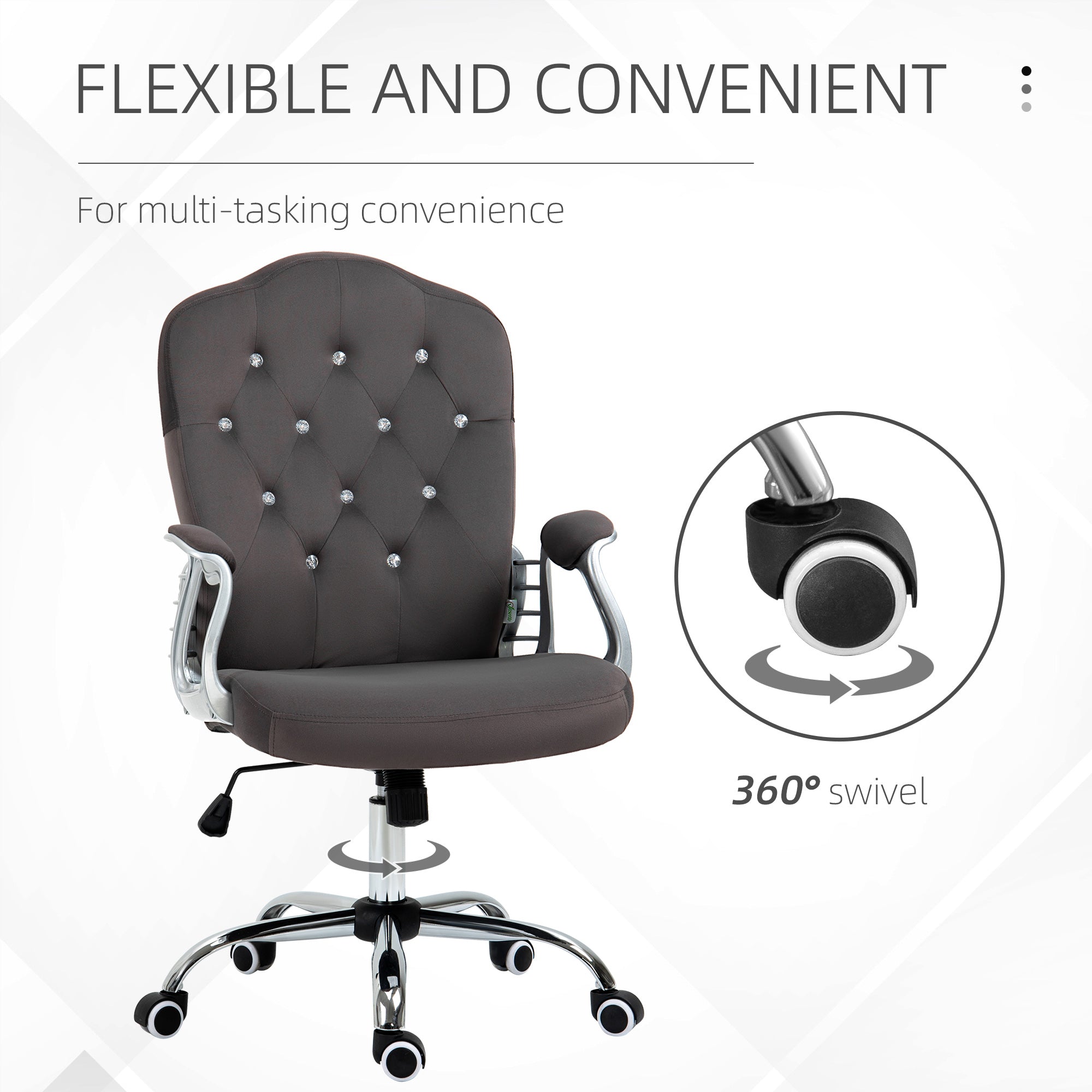 Vinsetto Office Chair, Velvet Computer Chair, Button Tufted Desk Chair with Swivel Wheels, Adjustable Height, Tilt Function, Dark Grey