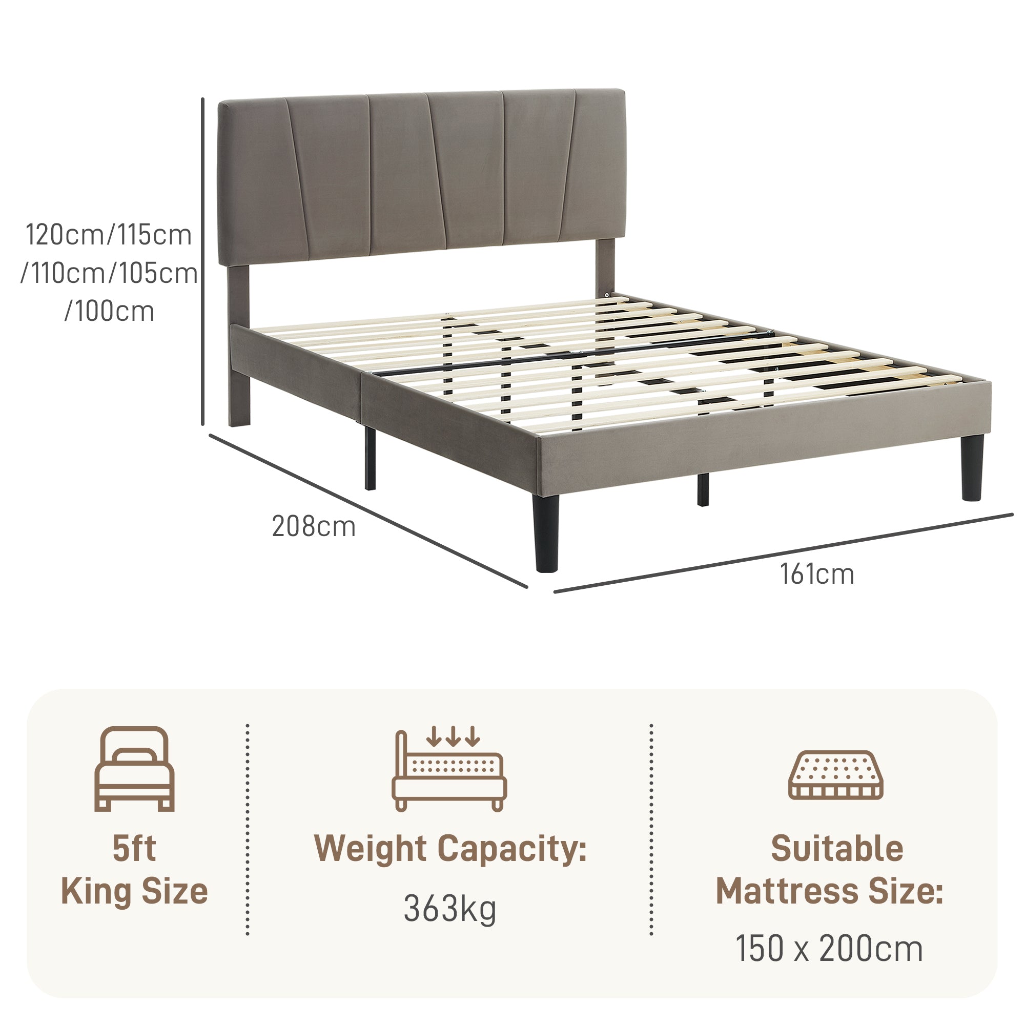 HOMCOM King Size Bed Frame with 5-Level Adjustable Velvet Upholstered Headboard, Wooden Slats Mattress Foundation, No Box Spring Needed, Grey