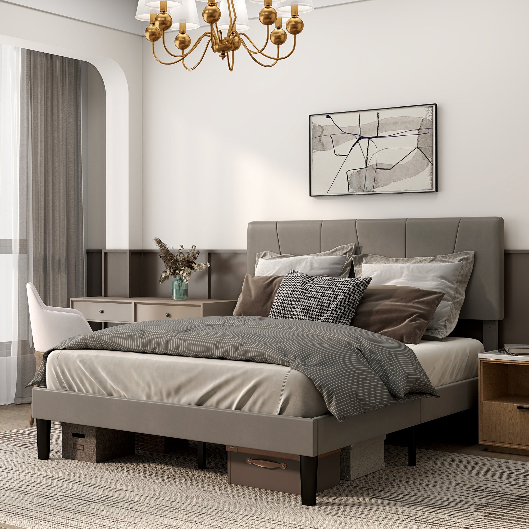 HOMCOM King Size Bed Frame with 5-Level Adjustable Velvet Upholstered Headboard, Wooden Slats Mattress Foundation, No Box Spring Needed, Grey