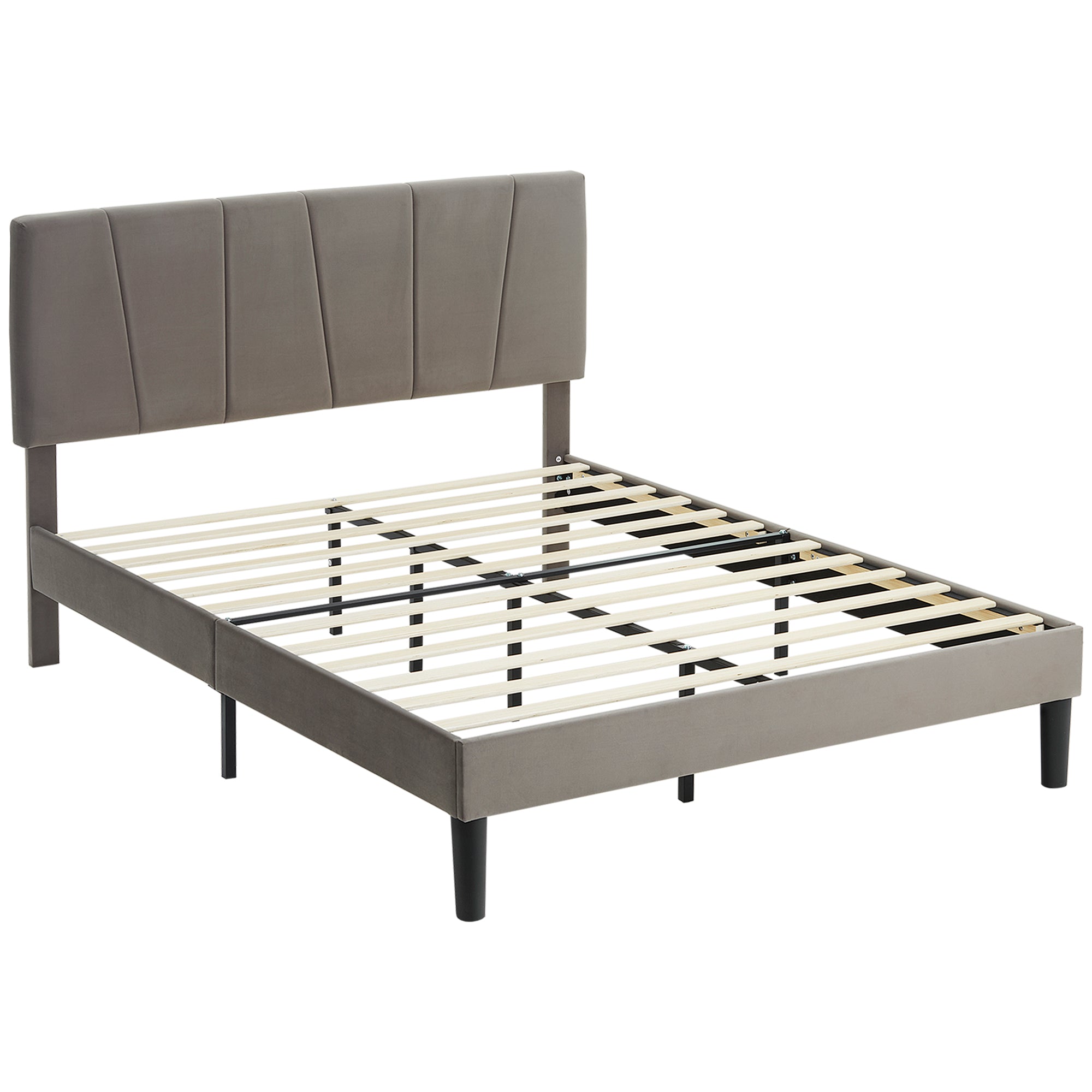 HOMCOM King Size Bed Frame with 5-Level Adjustable Velvet Upholstered Headboard, Wooden Slats Mattress Foundation, No Box Spring Needed, Grey