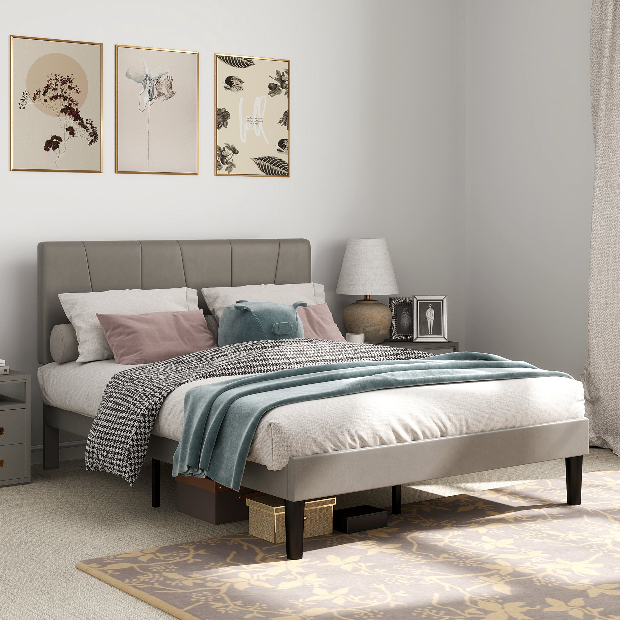 HOMCOM King Size Bed Frame with 5-Level Adjustable Velvet Upholstered Headboard, Wooden Slats Mattress Foundation, No Box Spring Needed, Grey