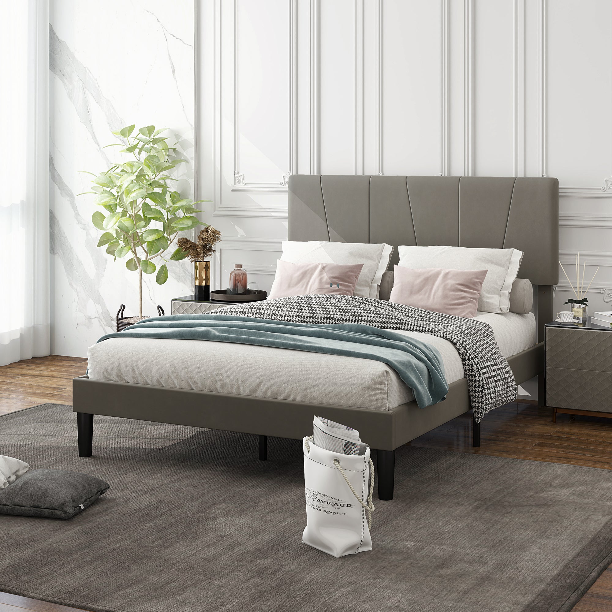 HOMCOM King Size Bed Frame with 5-Level Adjustable Velvet Upholstered Headboard, Wooden Slats Mattress Foundation, No Box Spring Needed, Grey