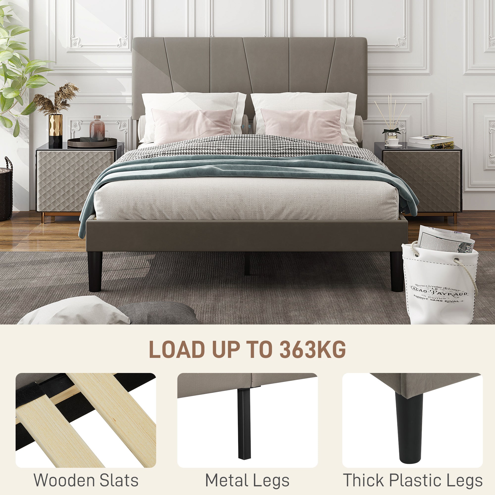 HOMCOM King Size Bed Frame with 5-Level Adjustable Velvet Upholstered Headboard, Wooden Slats Mattress Foundation, No Box Spring Needed, Grey