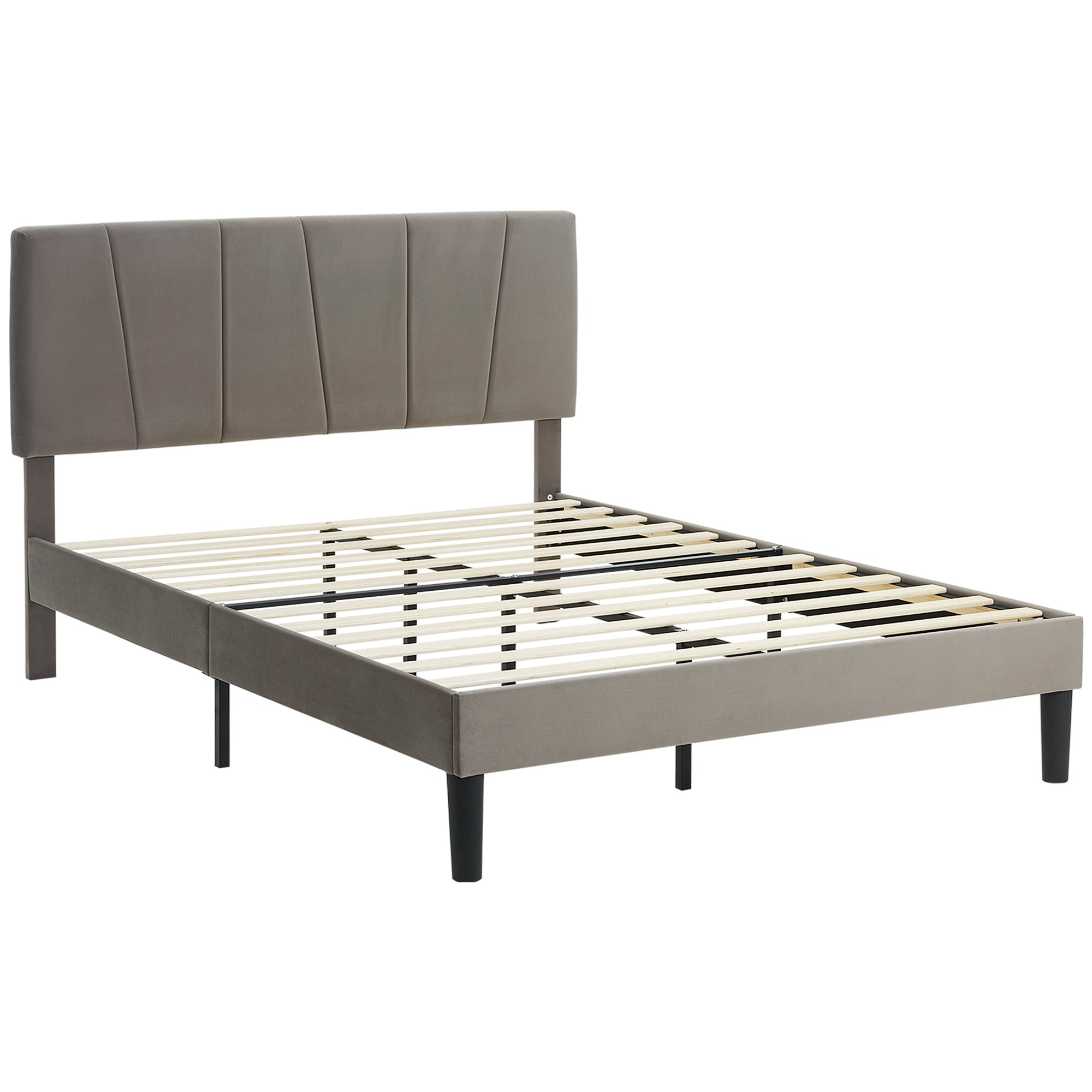 HOMCOM King Size Bed Frame with 5-Level Adjustable Velvet Upholstered Headboard, Wooden Slats Mattress Foundation, No Box Spring Needed, Grey