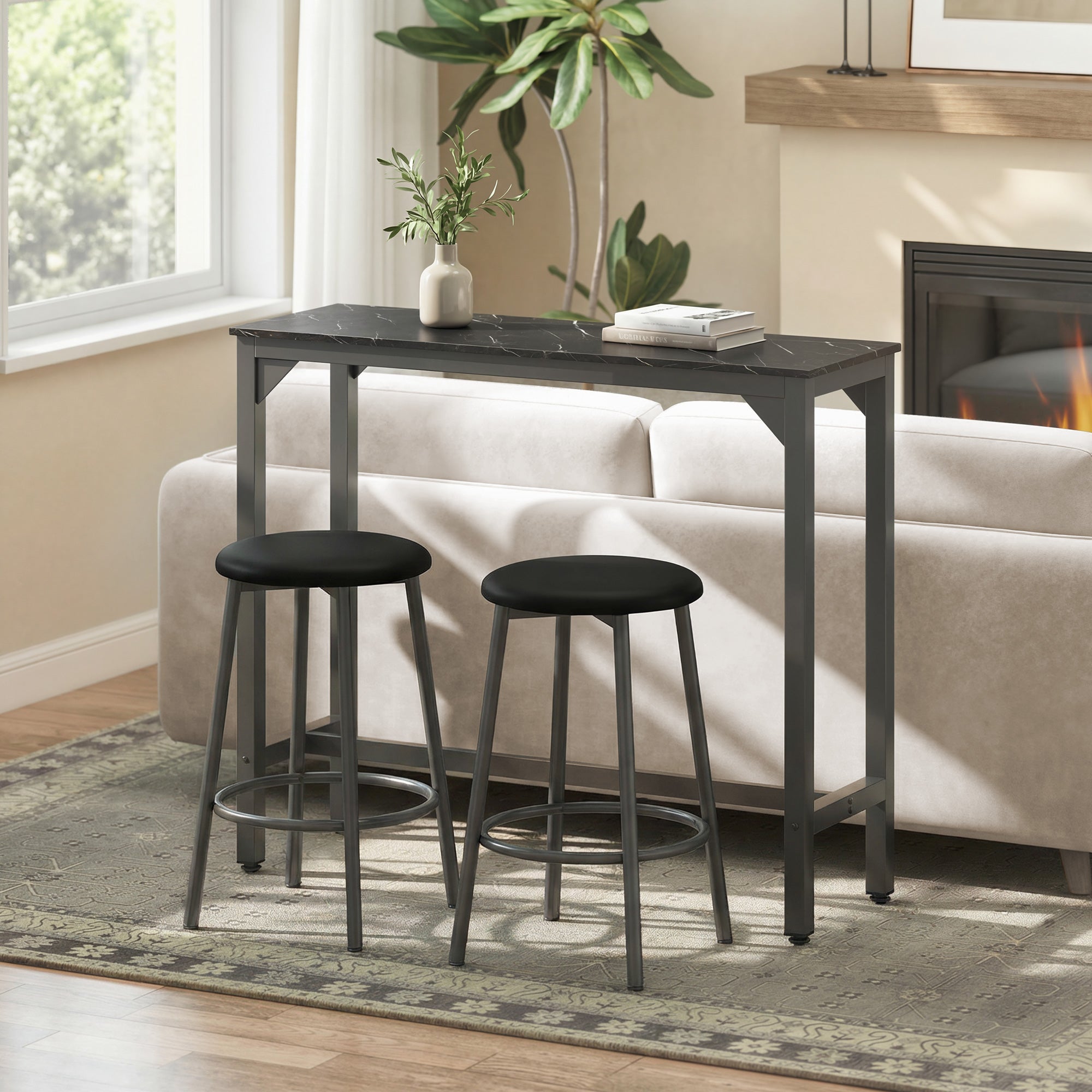 Rectangular Bar Table, Marble Effect Pub Coffee Table with Adjustable Footpads, Metal Frame, for Small Space, Breakfast Dining, Kitchen, Living Room, Industrial, Black Marble Effect