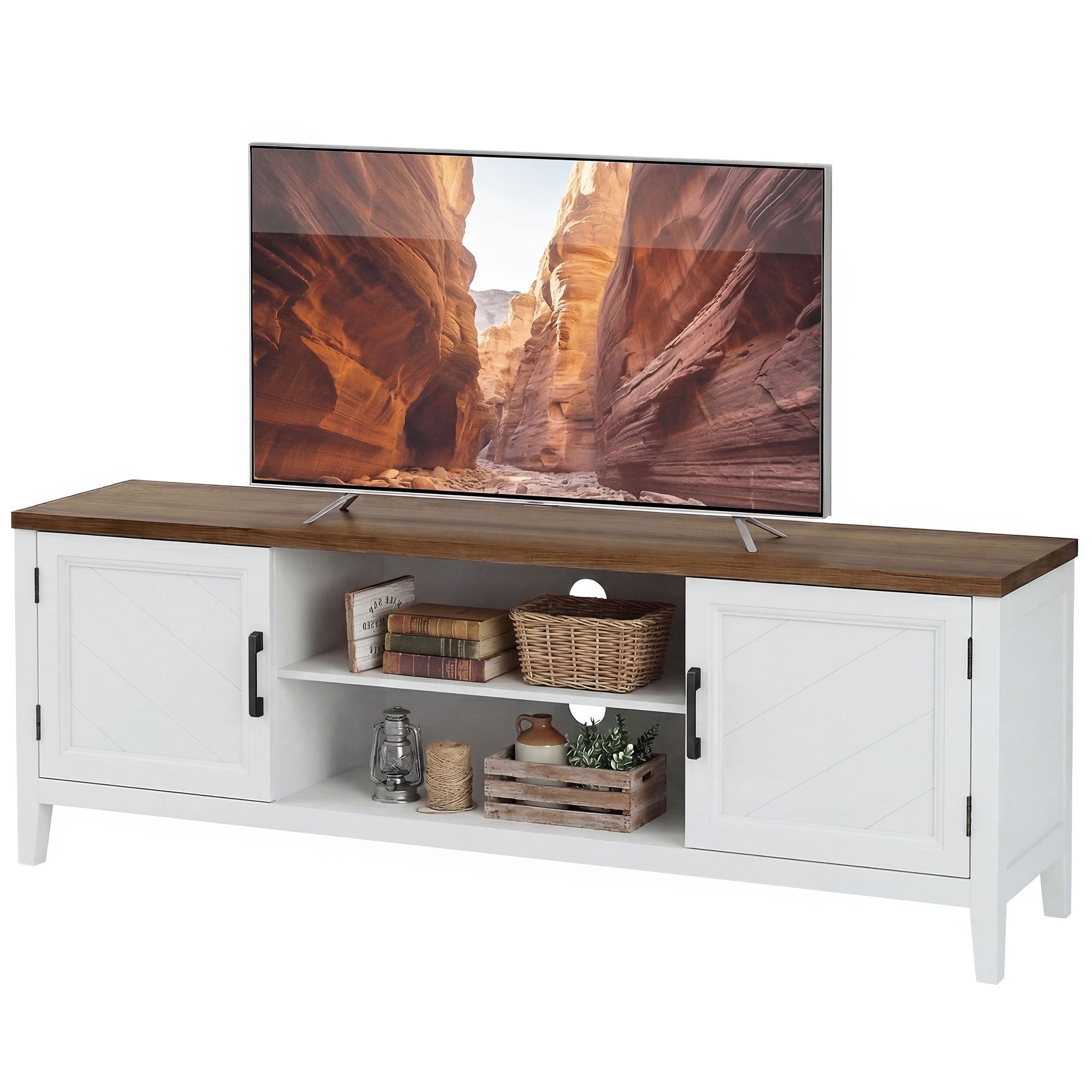 TV Stand for TVs up to 42 Inch, Farmhouse Entertainment Center with 2 Open Shelves, 2 Cabinets, Thick Top, Media Console Table for Living Room, White and Brown
