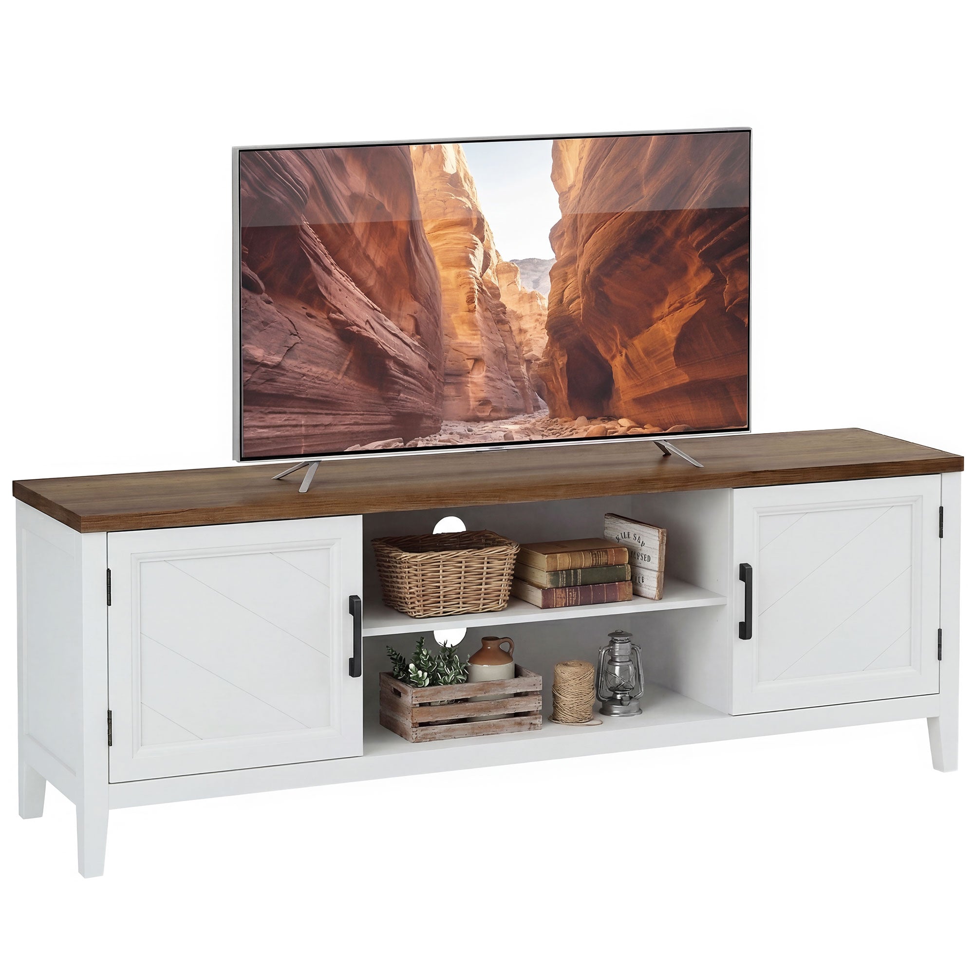 TV Stand for TVs up to 42 Inch, Farmhouse Entertainment Center with 2 Open Shelves, 2 Cabinets, Thick Top, Media Console Table for Living Room, White and Brown