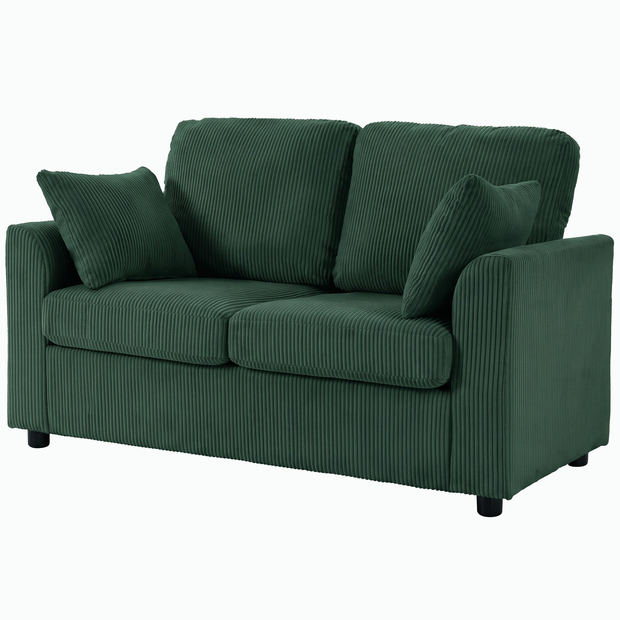 2 Seater Sofa, 144cm Corduroy Small Couch with Spring Cushion, Wide and Deep Seat, Plush Backrest, 2 Pillows, Loveseat Sofa Settee for Small Space, Living Room, Bedroom, Home Office, Dark Green