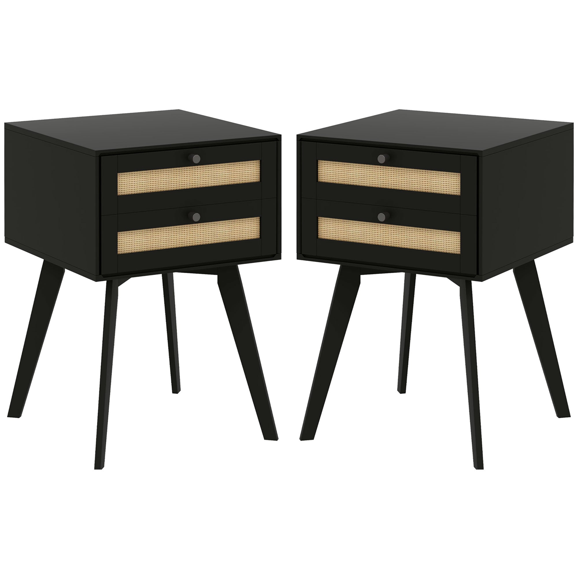 HOMCOM Bedside Tables Set of 2, Small Nightstands with 2 Drawers and Rattan Element, Boho Night Stands, Square Side Tables for Bedroom, Black