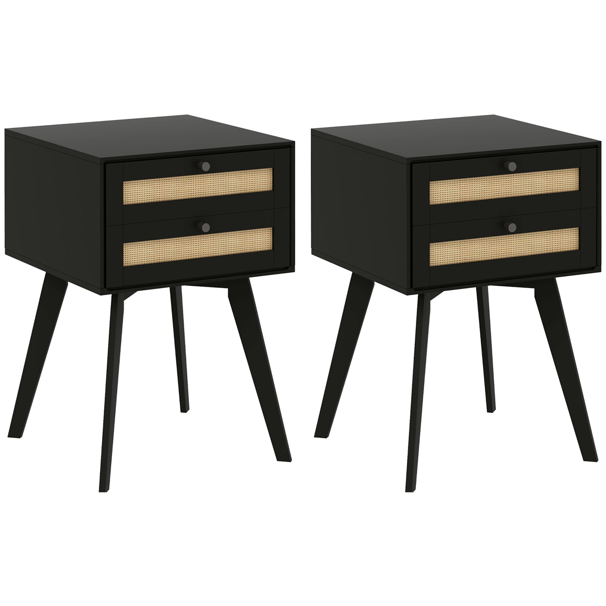 HOMCOM Bedside Tables Set of 2, Small Nightstands with 2 Drawers and Rattan Element, Boho Night Stands, Square Side Tables for Bedroom, Black