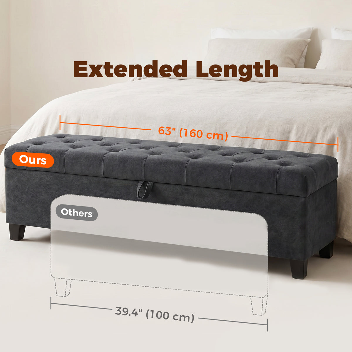 63" Storage Ottoman Bench, End of Bed Bench for Queen/King Bed, 63"x16.1"x17.7", Velvet Fabric Tufted Storage Chest for Living Room, Bedroom, Entryway, 528 lb, Dark Grey