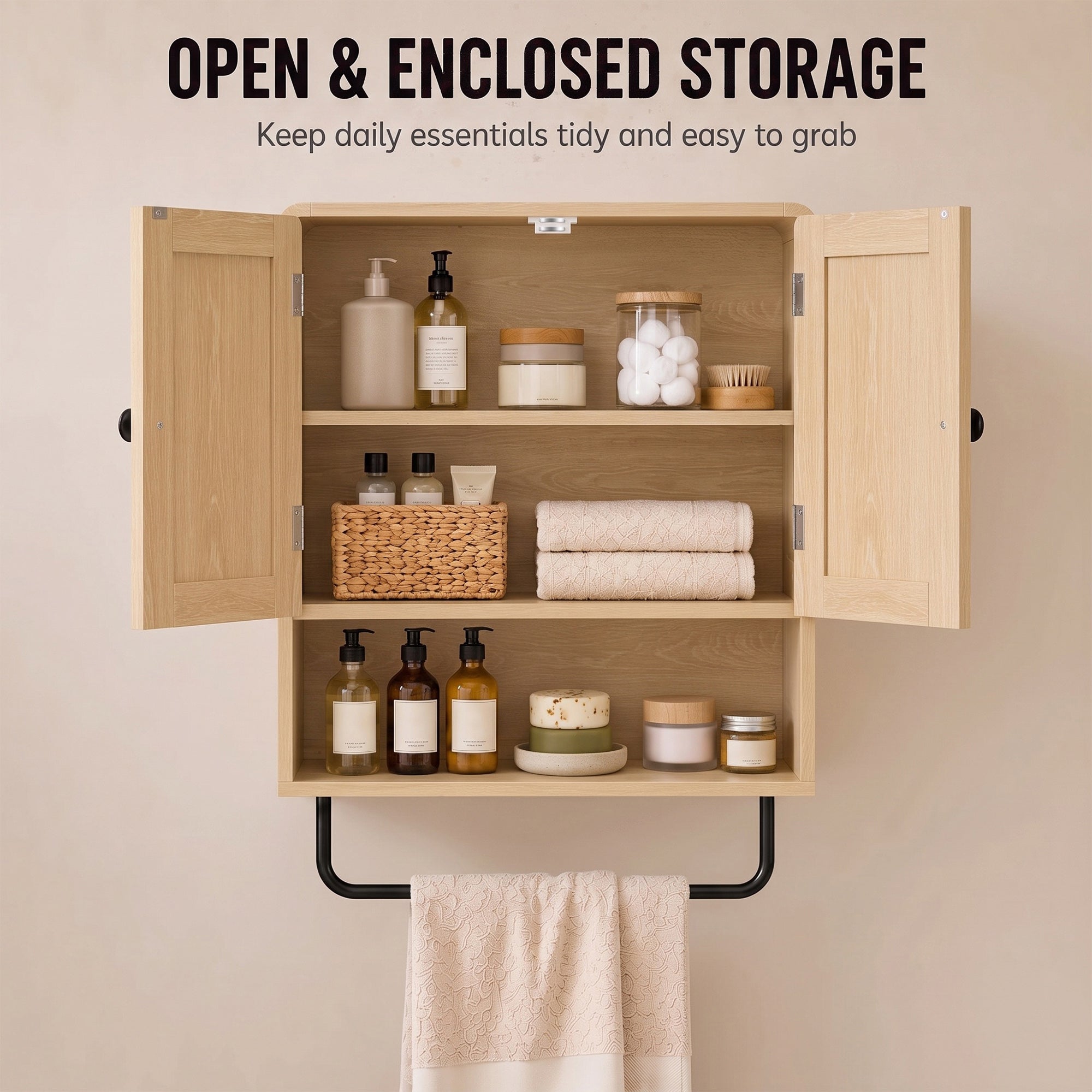 Bathroom Wall Cabinet, Wall Mounted Bathroom Cabinet with 2 Doors, Open Shelf, Towel Bar and Adjustable Shelf Storage for Toilet, Laundry, Oak