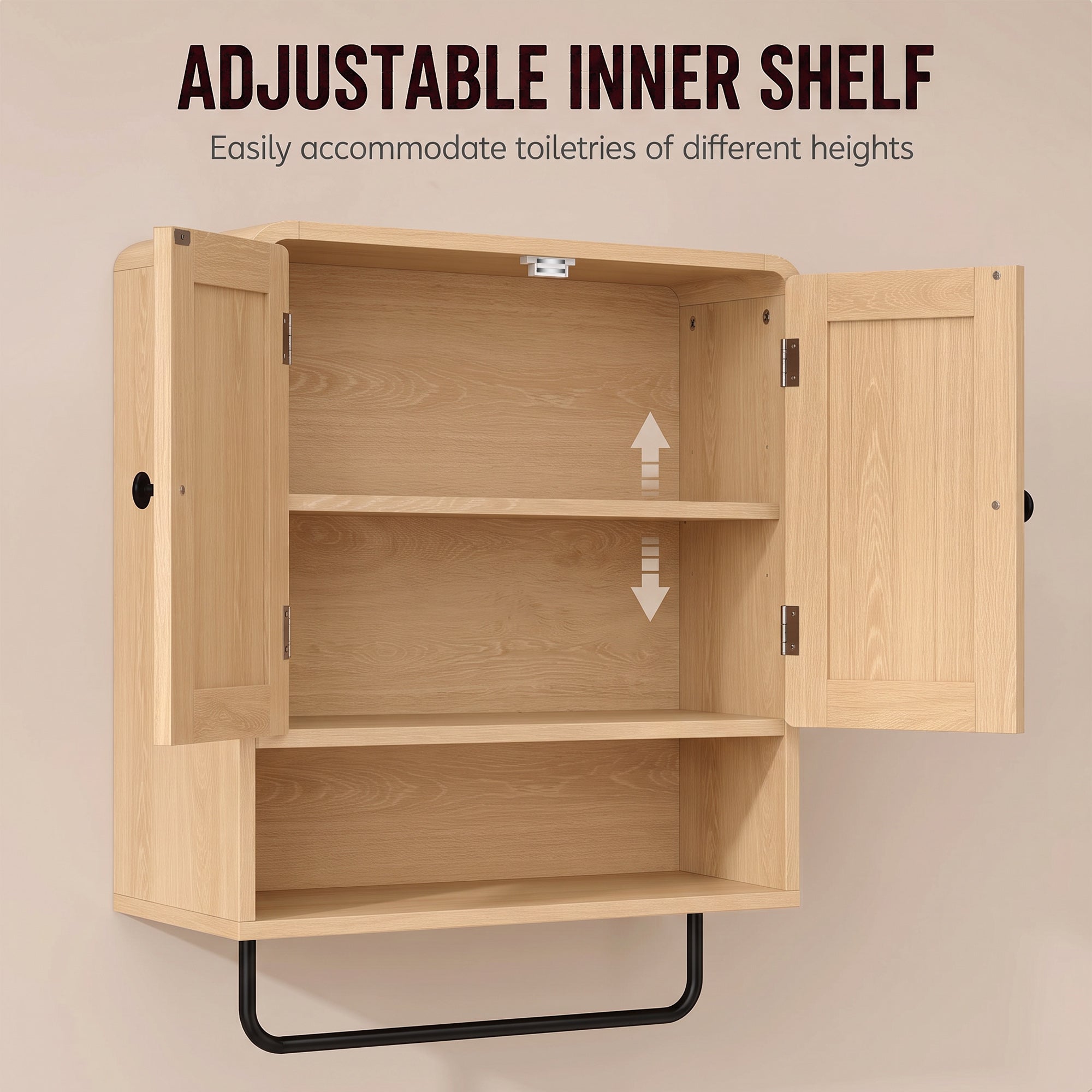 Bathroom Wall Cabinet, Wall Mounted Bathroom Cabinet with 2 Doors, Open Shelf, Towel Bar and Adjustable Shelf Storage for Toilet, Laundry, Oak