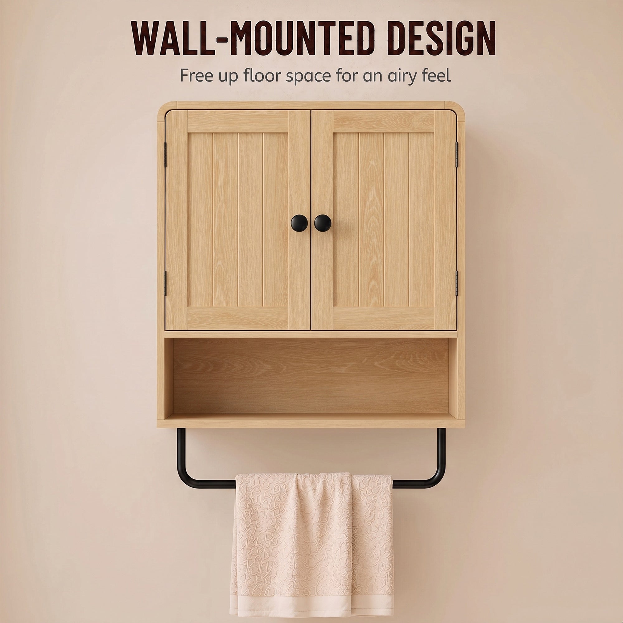 Bathroom Wall Cabinet, Wall Mounted Bathroom Cabinet with 2 Doors, Open Shelf, Towel Bar and Adjustable Shelf Storage for Toilet, Laundry, Oak