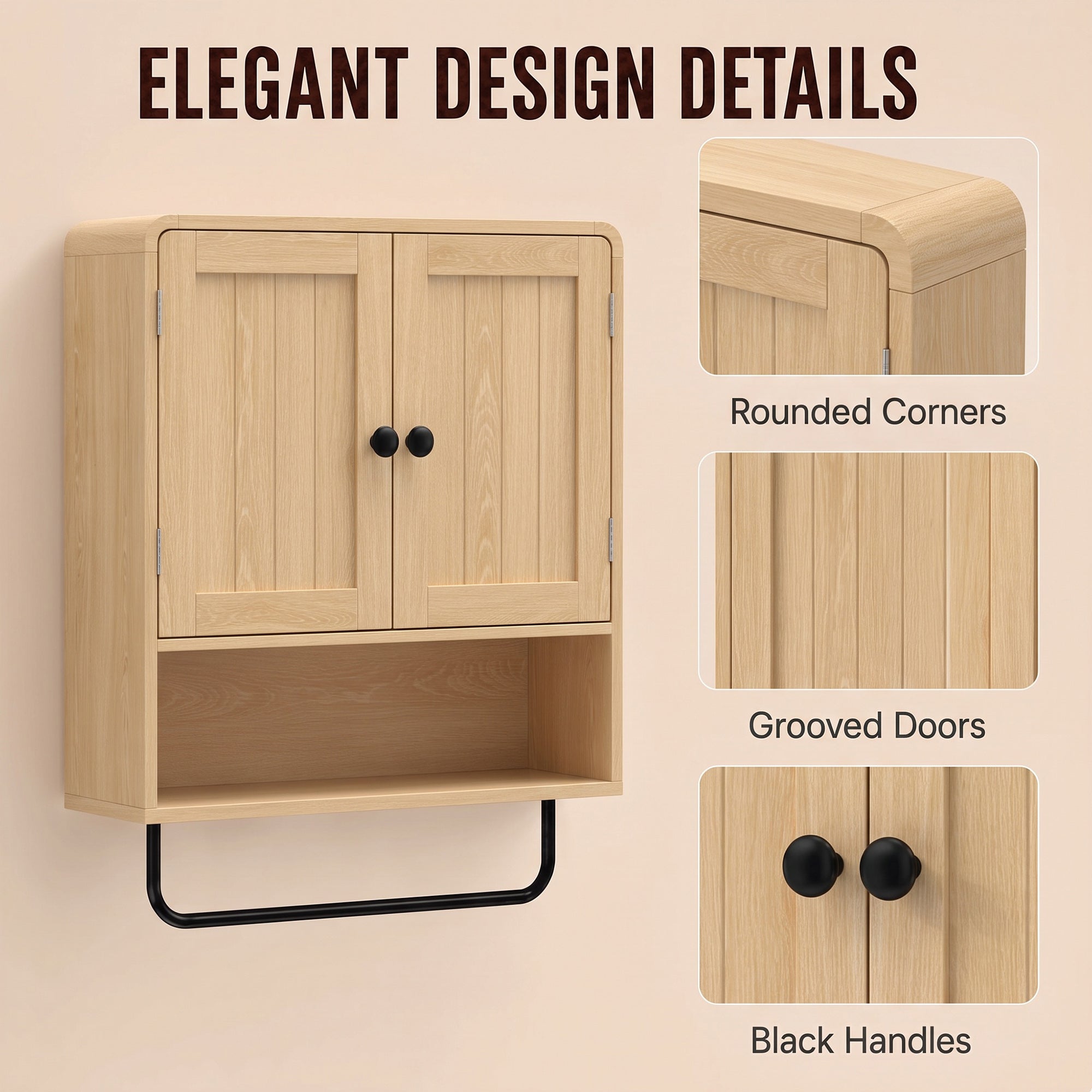 Bathroom Wall Cabinet, Wall Mounted Bathroom Cabinet with 2 Doors, Open Shelf, Towel Bar and Adjustable Shelf Storage for Toilet, Laundry, Oak
