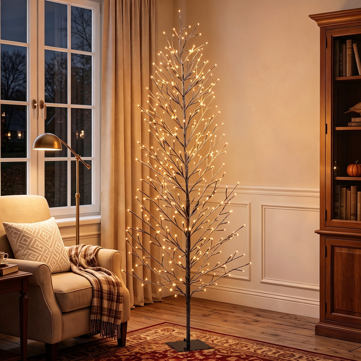 6FT Lighted Snow Flocked Twig Tree with Fairy Lights 328 LED, Daily Timer, Artificial Tree with 41 Branches for Home Indoor Sheltered Outdoor, Christmas Decor