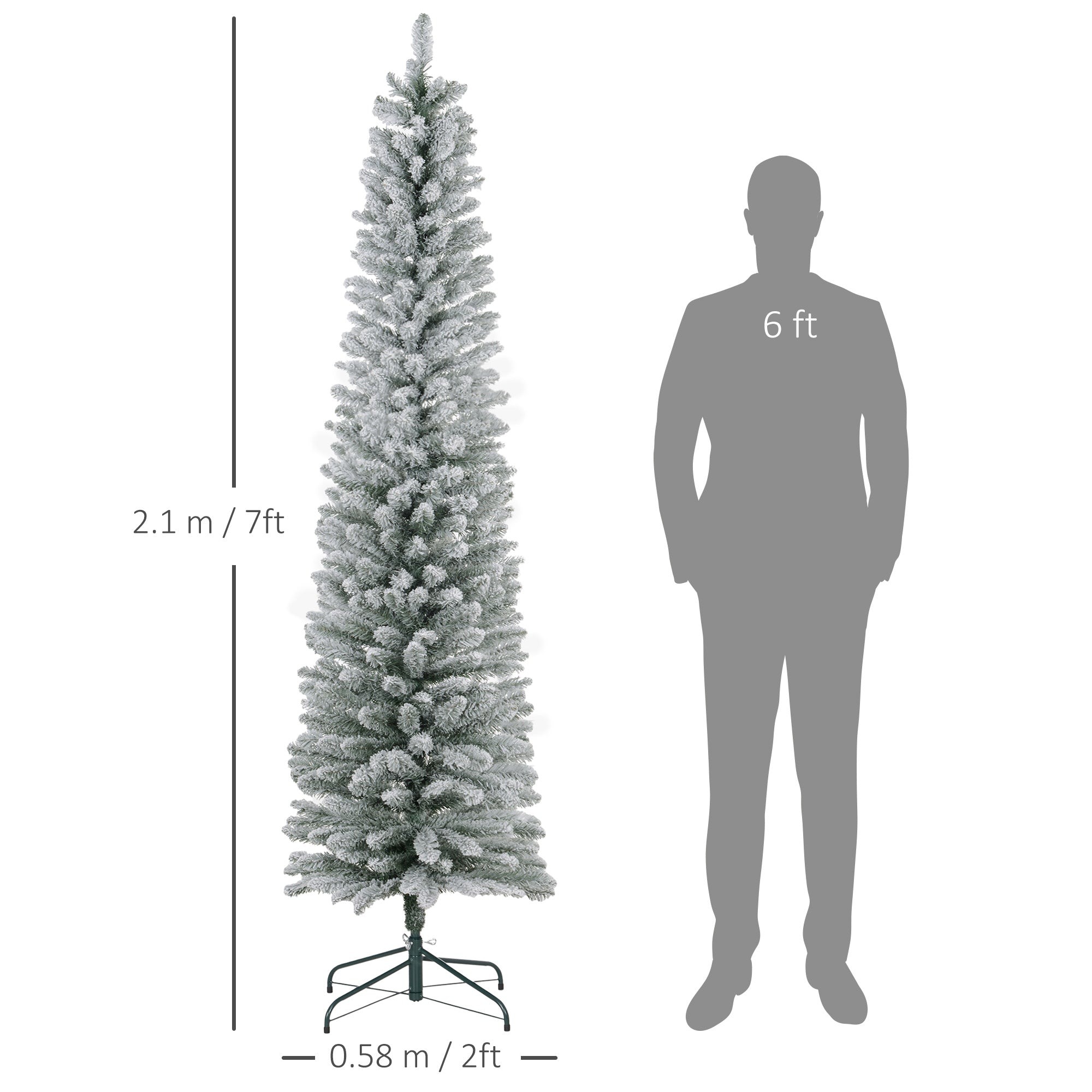 7ft Artificial Pencil Christmas Tree with 405 Snow Flocked Branches, Metal Base, Realistic Xmas Tree, White