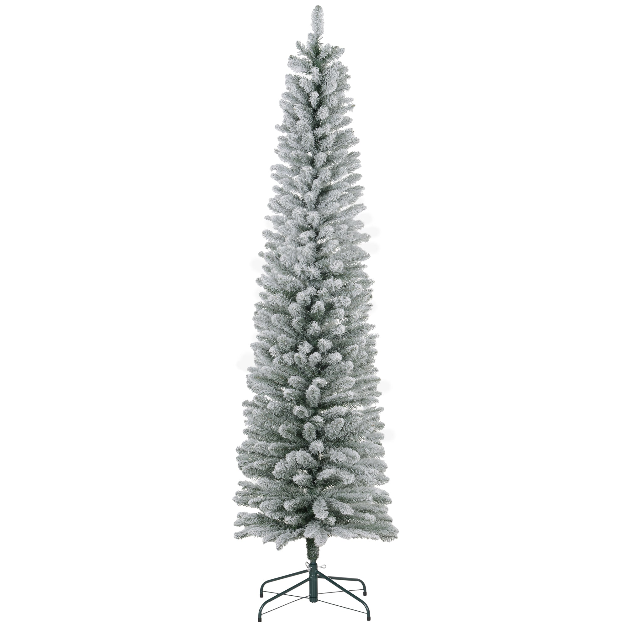 7ft Artificial Pencil Christmas Tree with 405 Snow Flocked Branches, Metal Base, Realistic Xmas Tree, White