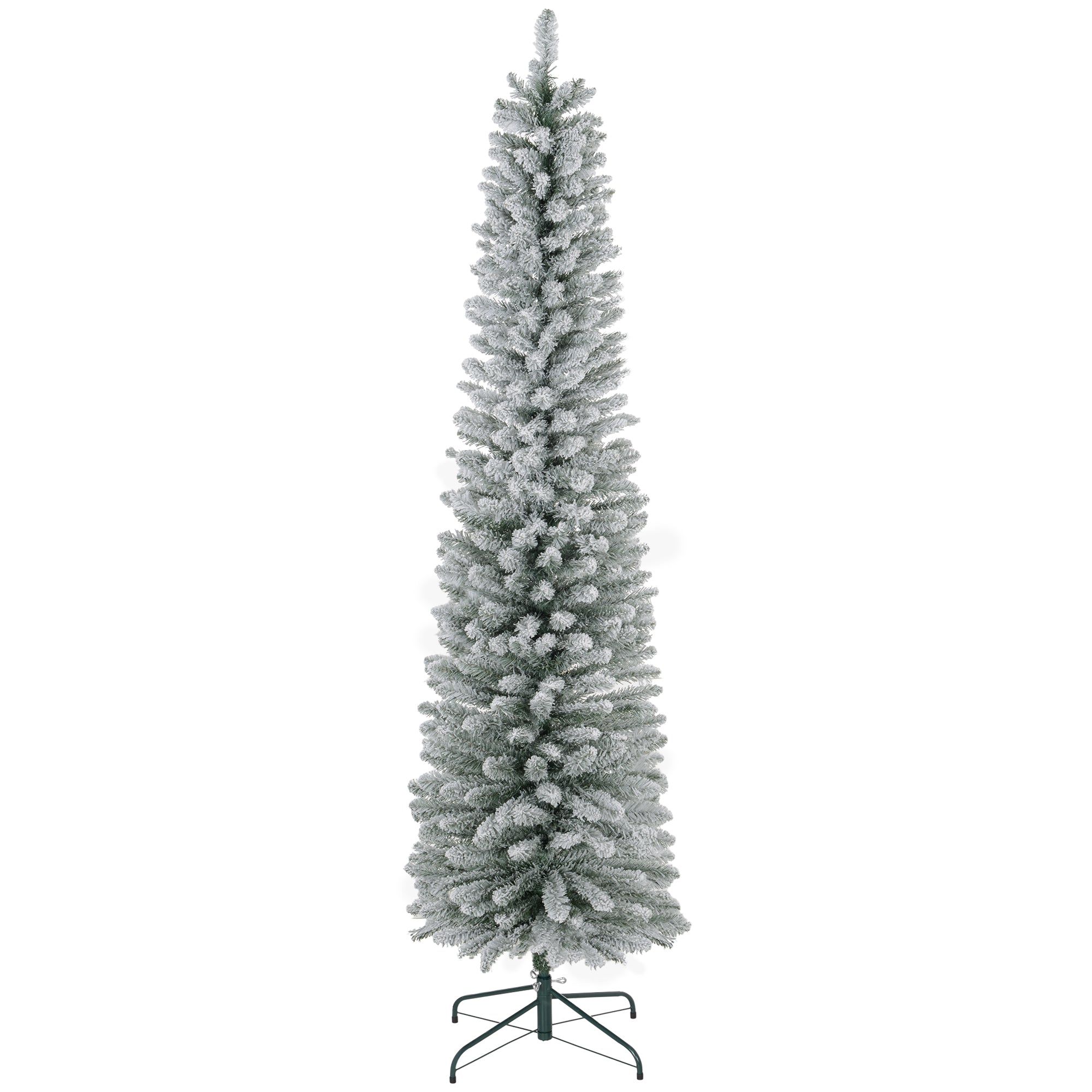 7ft Artificial Pencil Christmas Tree with 405 Snow Flocked Branches, Metal Base, Realistic Xmas Tree, White