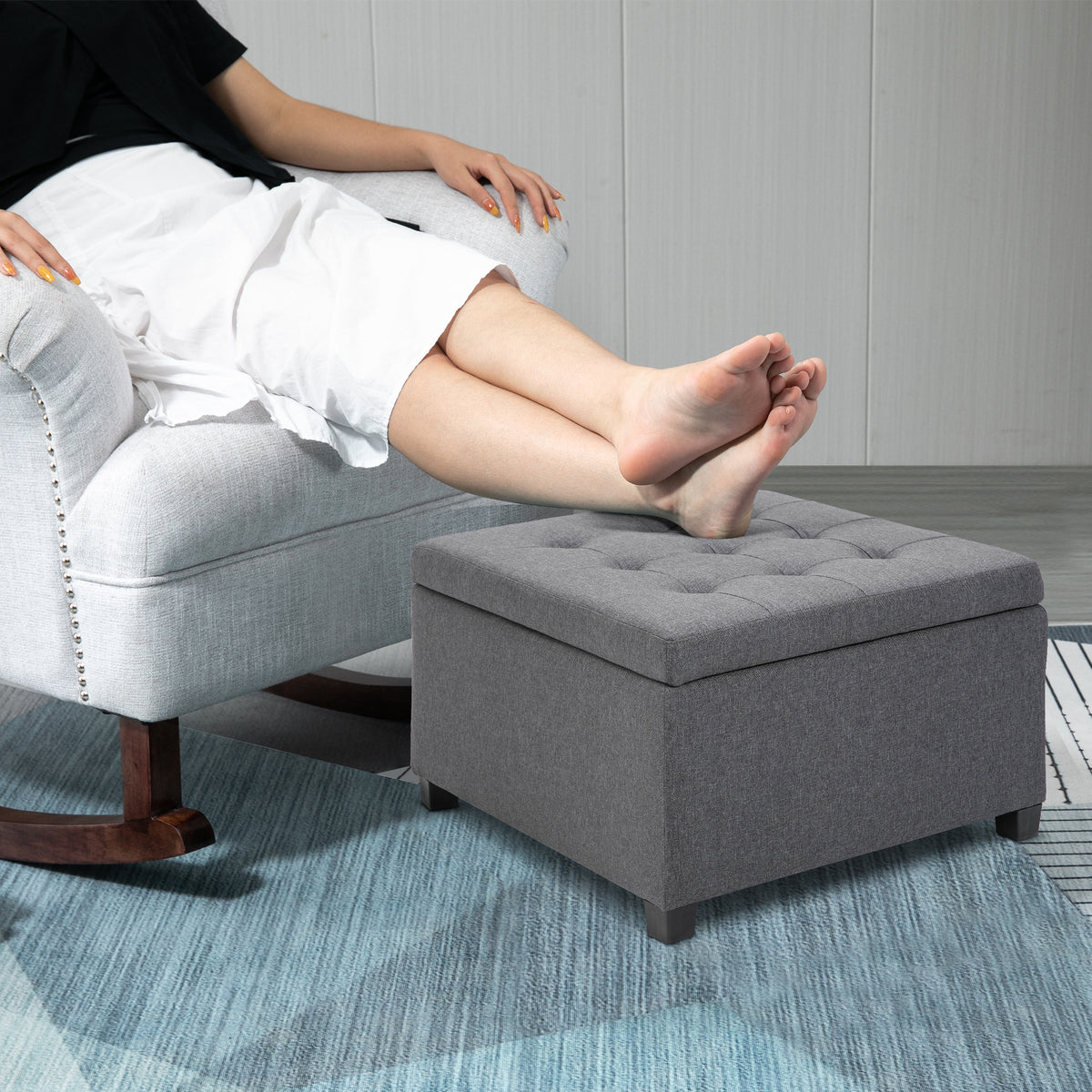 Linen-touch Tufted Storage Ottoman Upholstered Accent Bench Seat Cube Storage Box Footrest Stool, Dark Grey