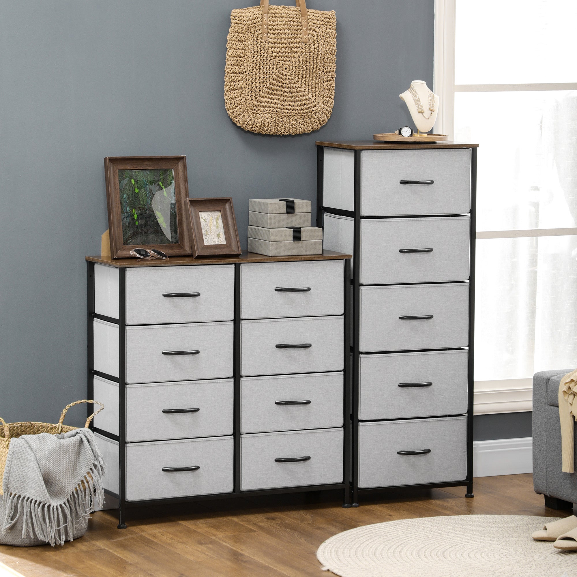 HOMCOM Fabric Chest of Drawers, Storage Drawers, Industrial Bedroom Dresser with 8 Fabric Drawers, Steel Frame and Wooden Top for Nursery, Living Room, Hallway, Grey