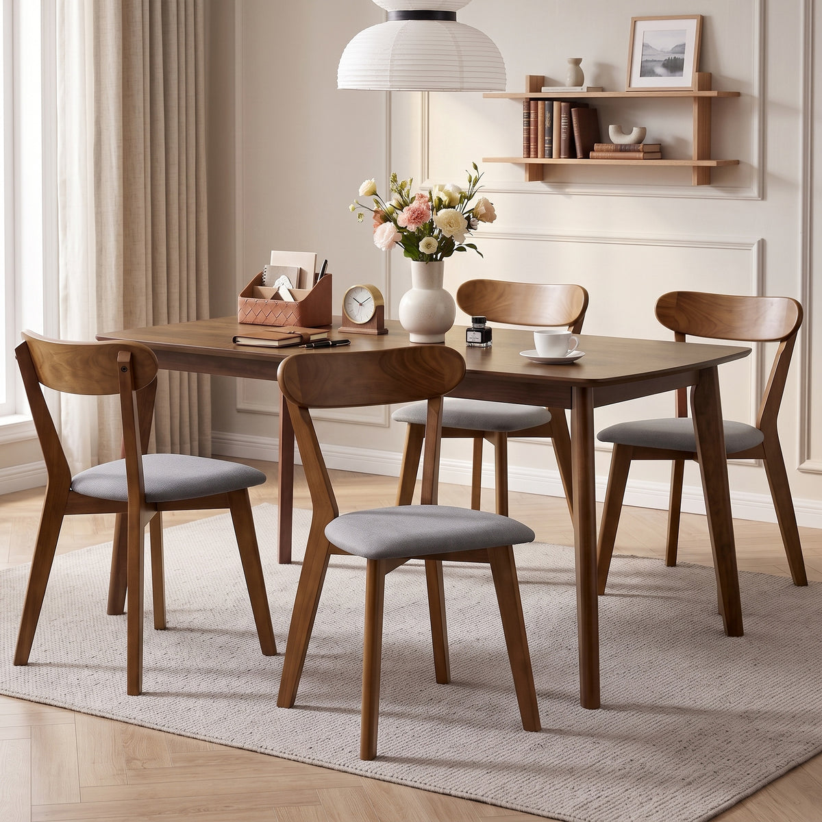 Dining Chairs Set of 4, Mid-Century Modern Upholstered Kitchen Chairs with Rubberwood Legs, Curved Backrest, Cushioned Seat for Dining Room, Living Room, Grey and Brown