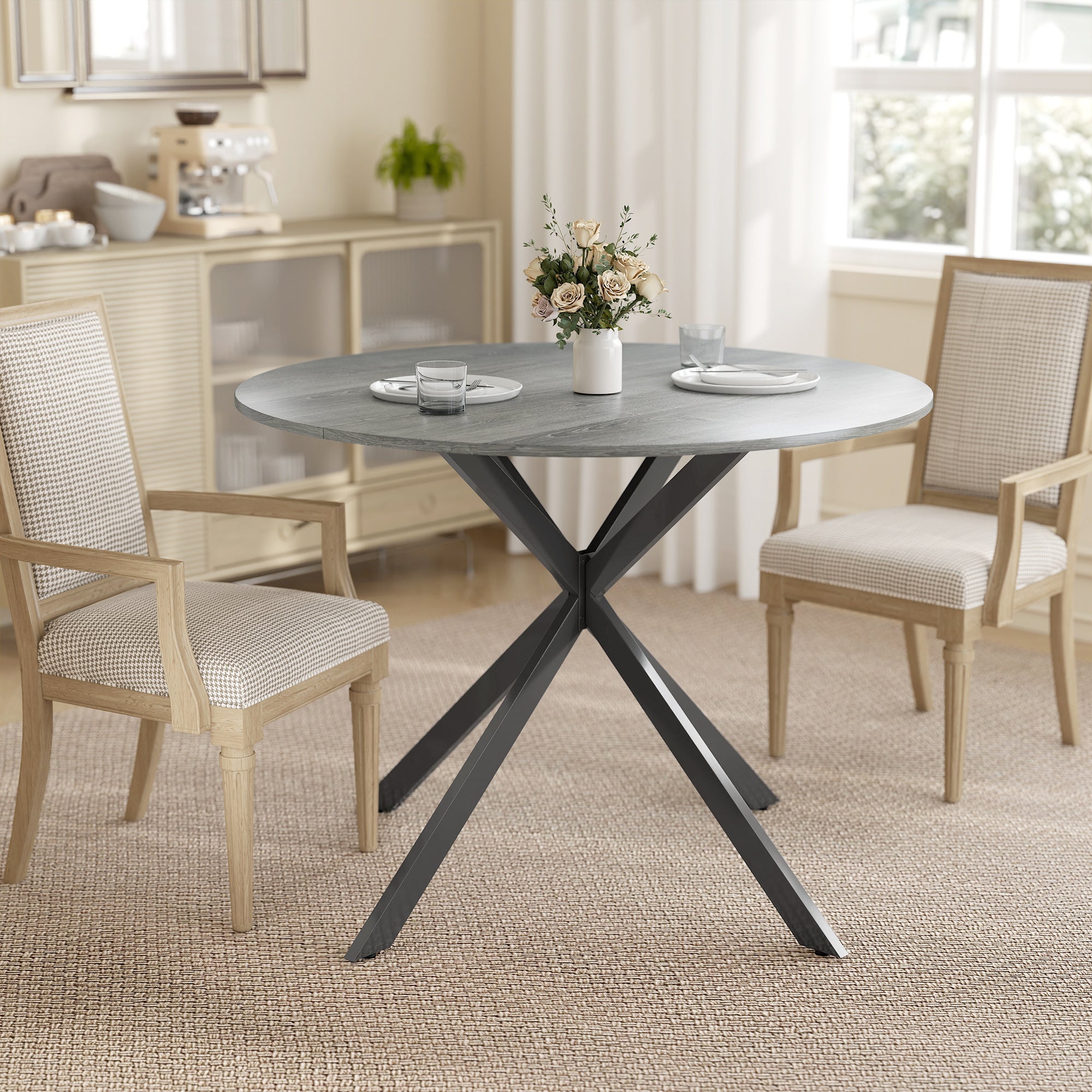 Round Dining Table for 4, 40" Industrial Kitchen Table with Steel Legs for Dining Room, Distressed Grey