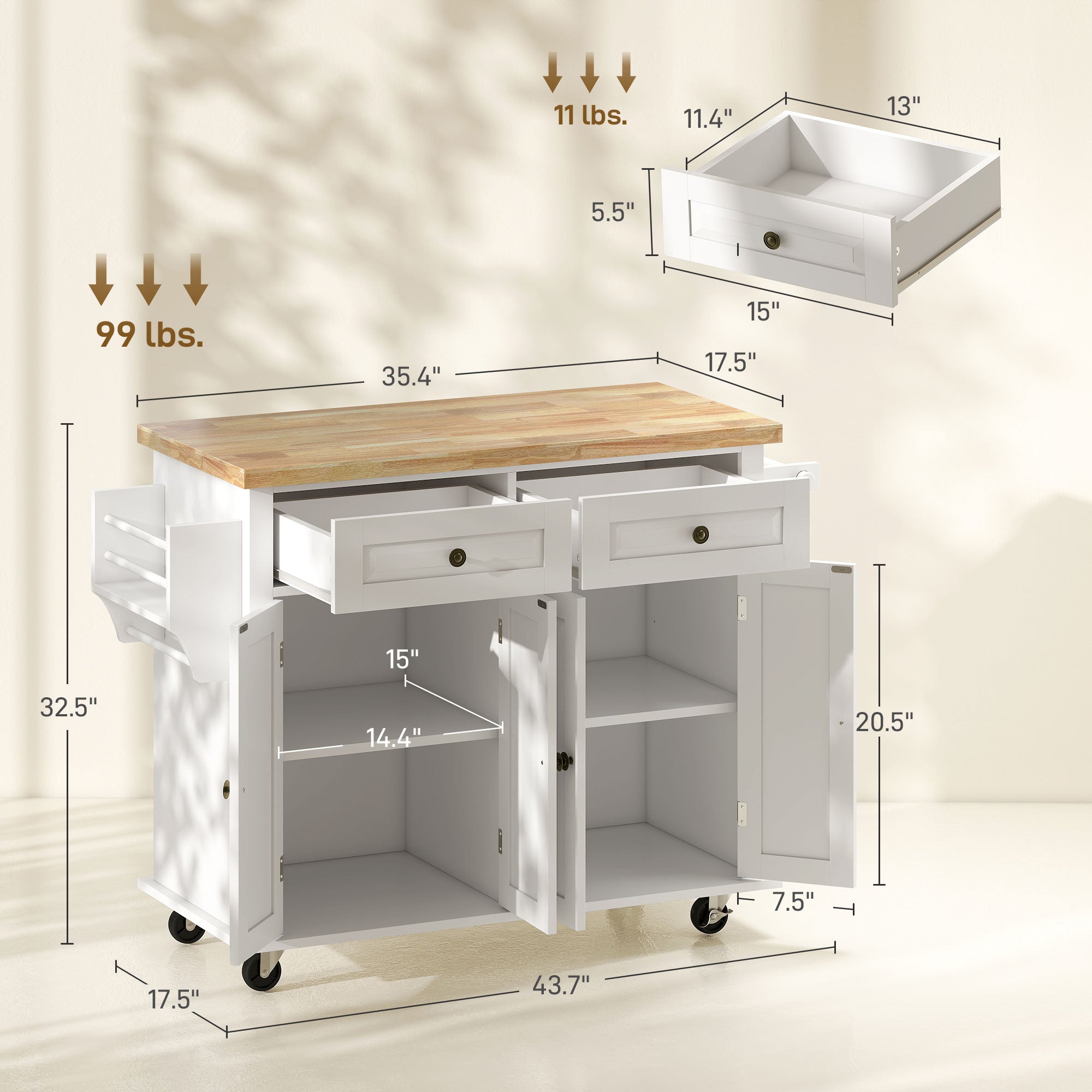 GlideSpace Rolling Kitchen Microwave Island with Flexible Storage Shelf Unit and Drawers - HOMCOM