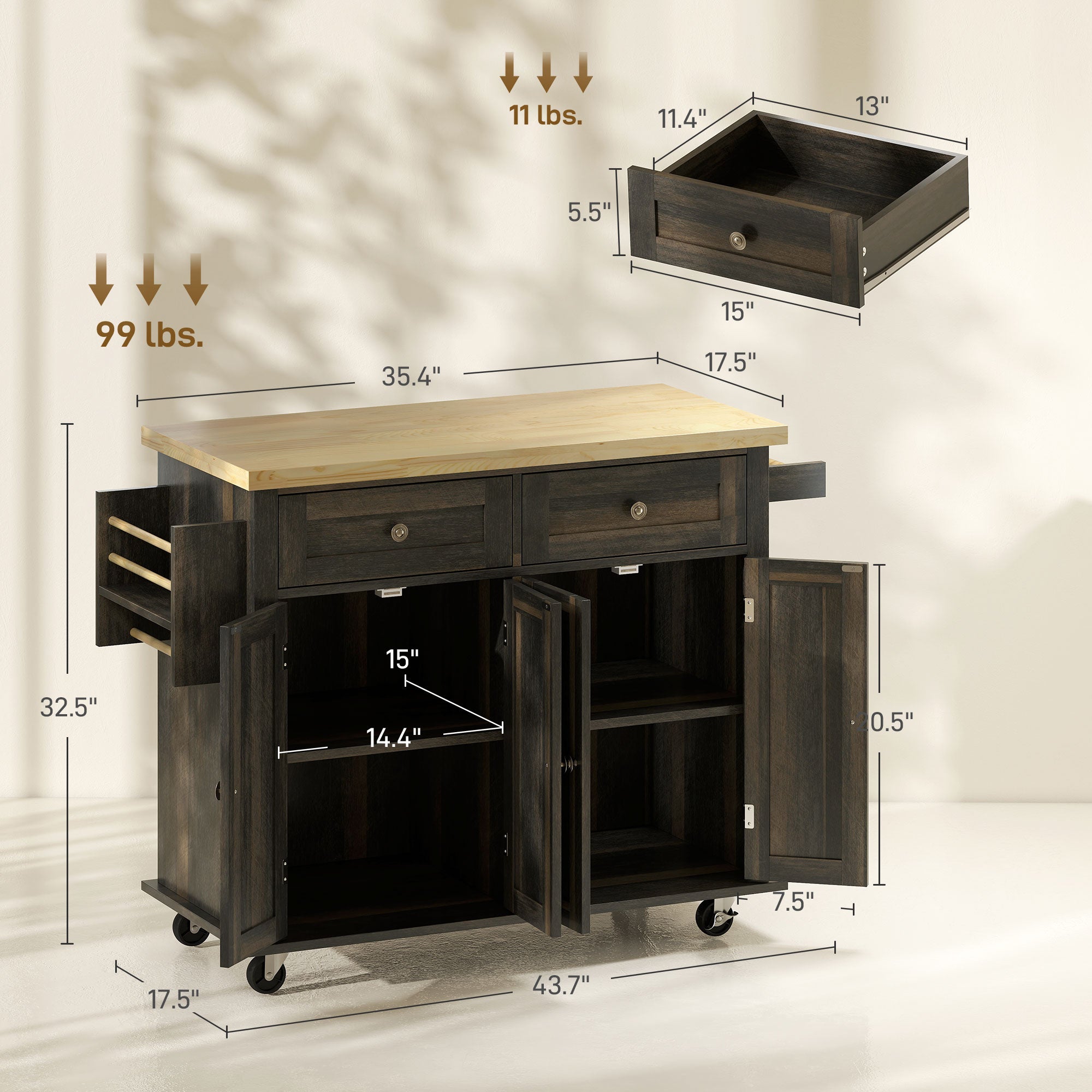 GlideSpace Kitchen Island on Wheels, Rolling Cart w/ Rubberwood Top, Spice Rack & Drawers, Brown Oak - HOMCOM