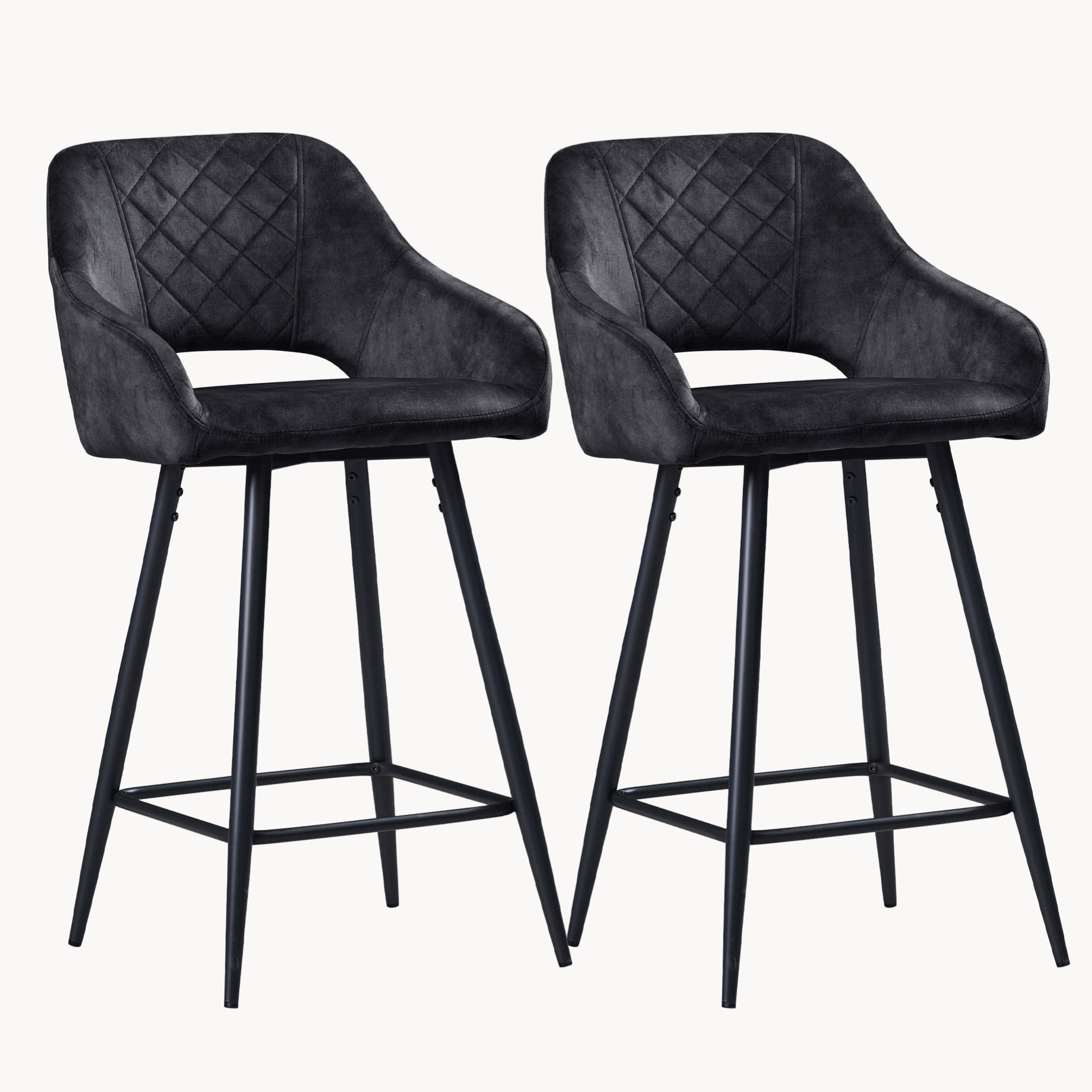 Aura Velvet Bar Stools Set of 2, Velvet-feel Fabric Counter Height Chairs with Steel Legs, Dark Grey